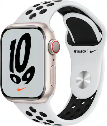 Angle. Apple - Refurbished Apple Watch Nike Series 7 (GPS + Cellular) 41mm Aluminum Case with Pure Platinum/Black Nike Sport Band - Starlight.