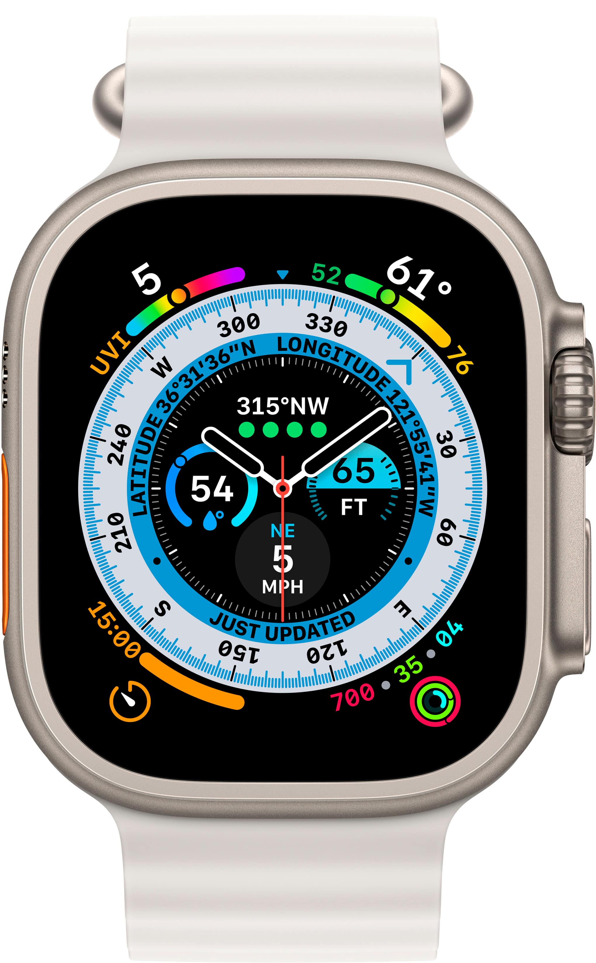 Angle. Apple - Apple Watch Ultra (GPS + Cellular) 49mm Titanium Case with White Ocean Band - Titanium.