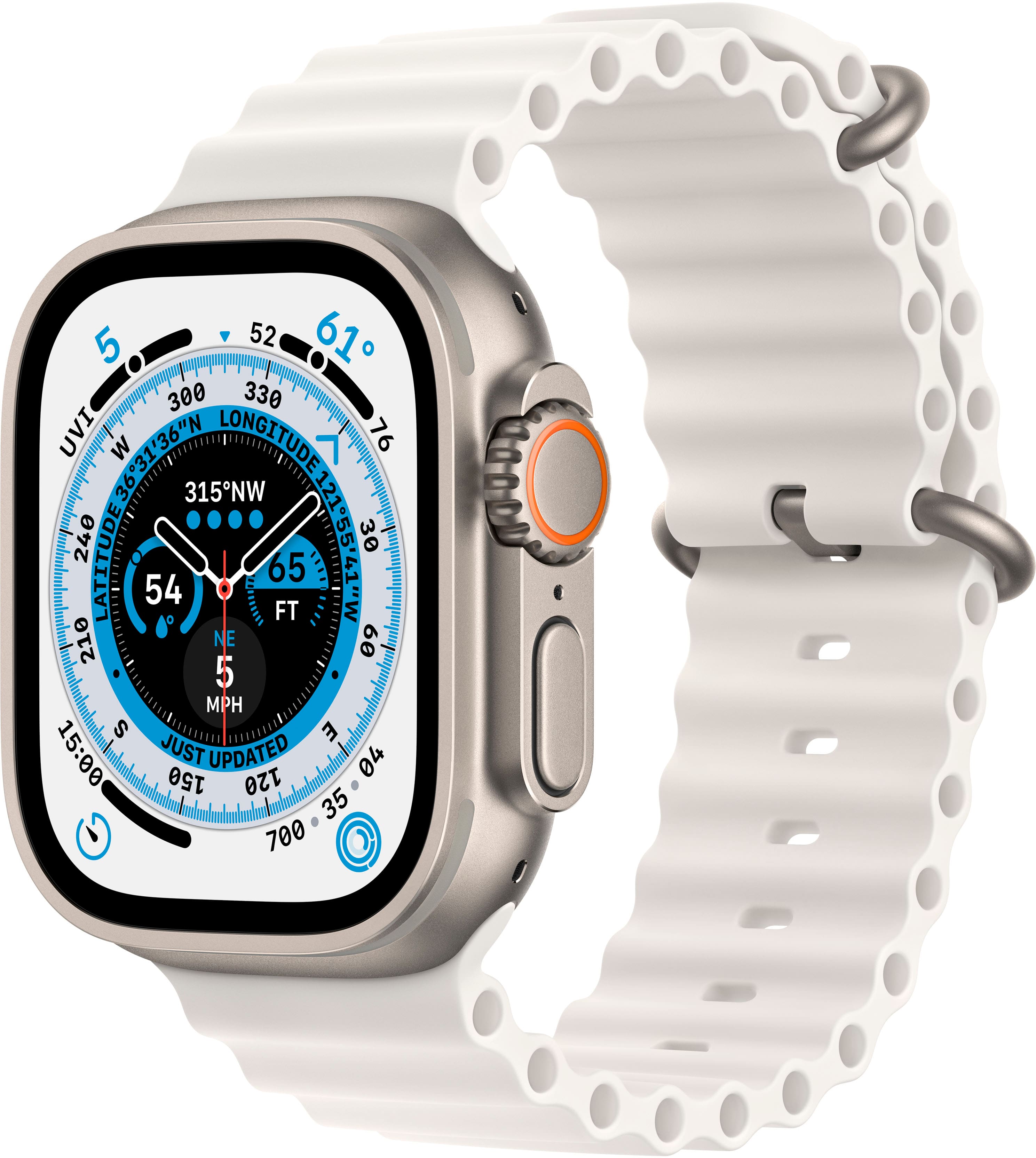 Front. Apple - Apple Watch Ultra (GPS + Cellular) 49mm Titanium Case with White Ocean Band - Titanium.