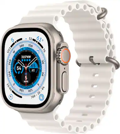 Front. Apple - Apple Watch Ultra (GPS + Cellular) 49mm Titanium Case with White Ocean Band - Titanium.