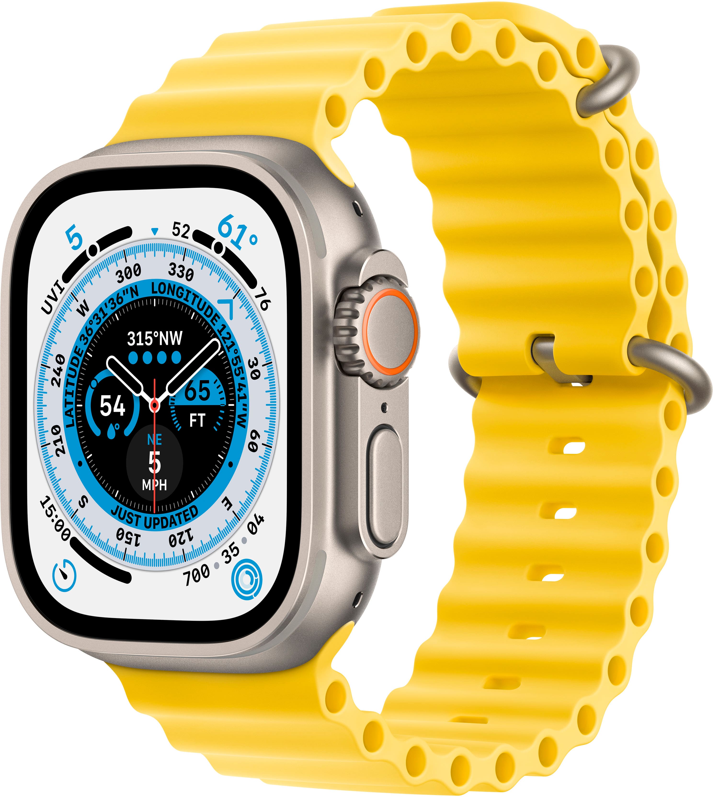 Apple Watch Ultra (GPS + Cellular) 49mm Titanium Case with Yellow Ocean Band - Titanium - (2022) - Front_Zoom