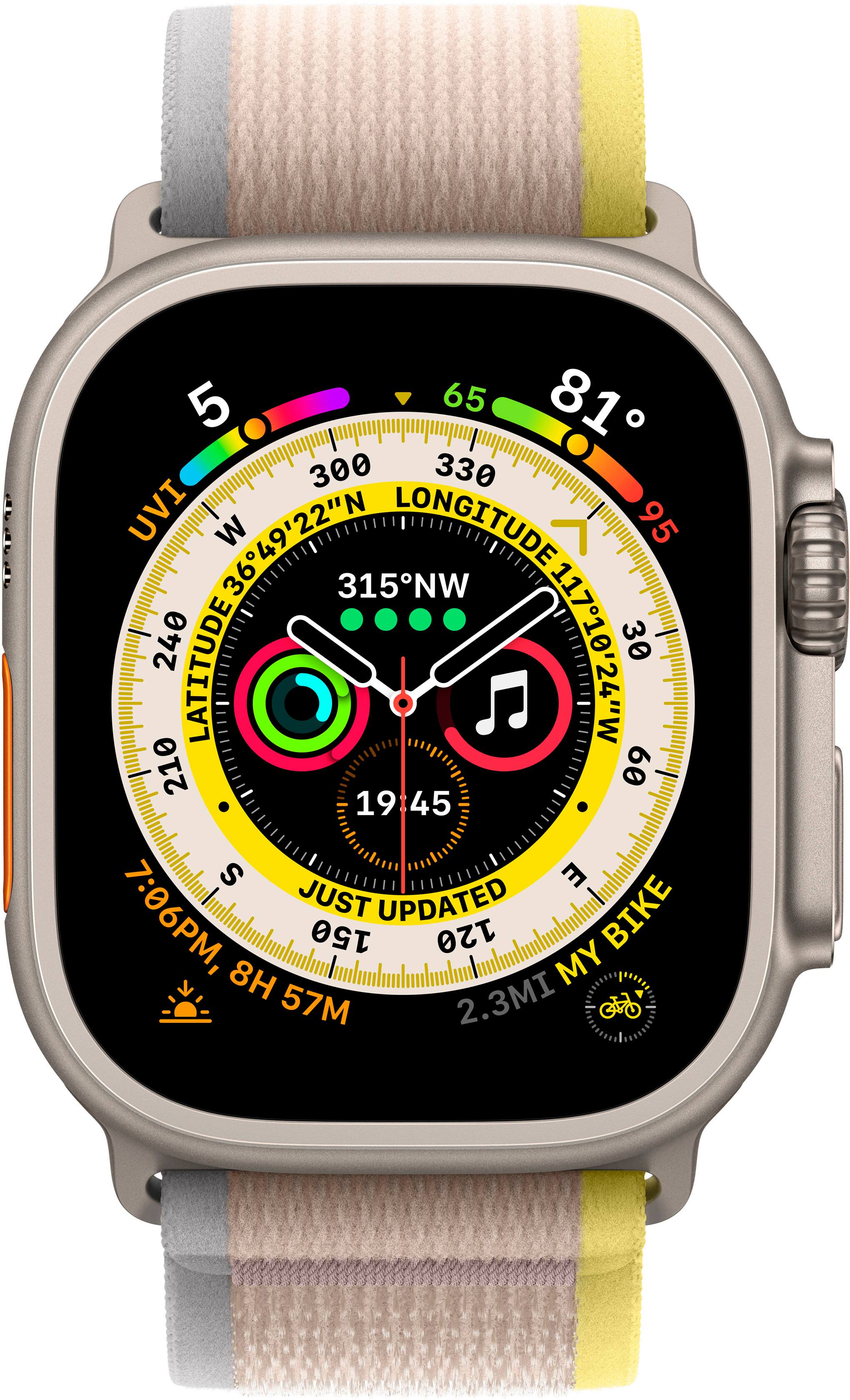 Angle. Apple - Apple Watch Ultra (GPS + Cellular) 49mm Titanium Case with Yellow/Beige Trail Loop - S/M - Titanium.