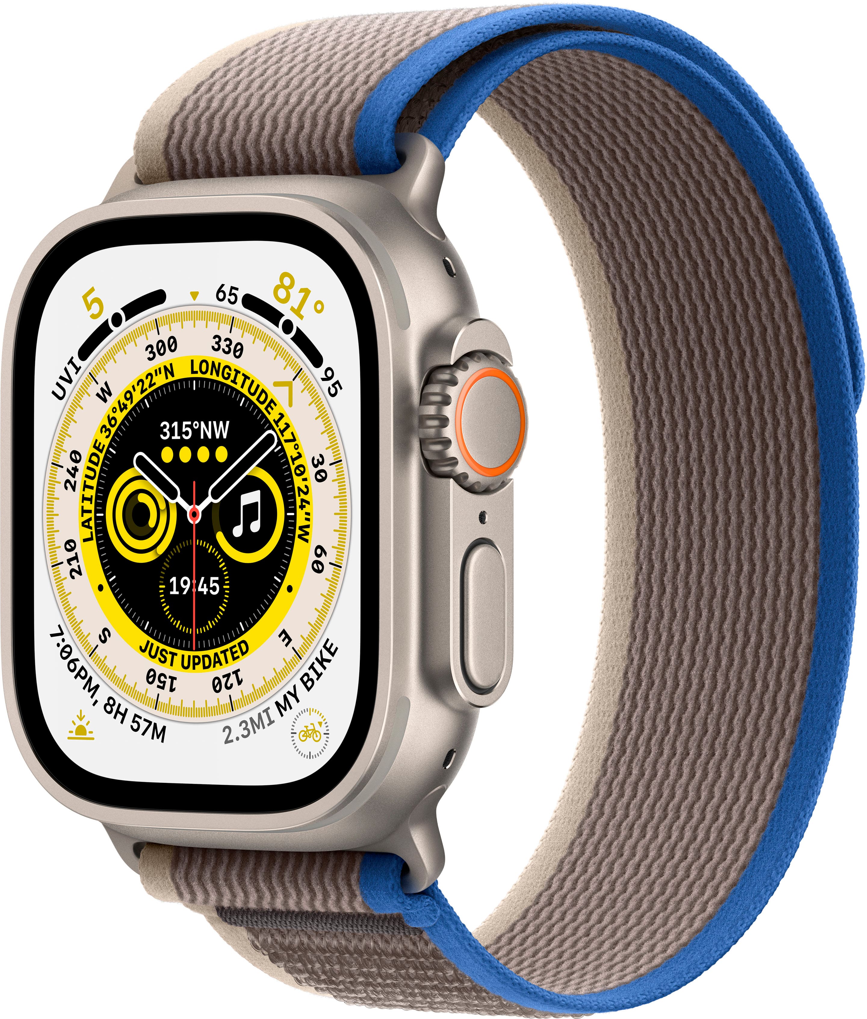 Apple Watch Ultra (GPS + Cellular) 49mm Titanium Case with Blue/Gray Trail Loop - S/M - Titanium - (2022) - Front_Zoom