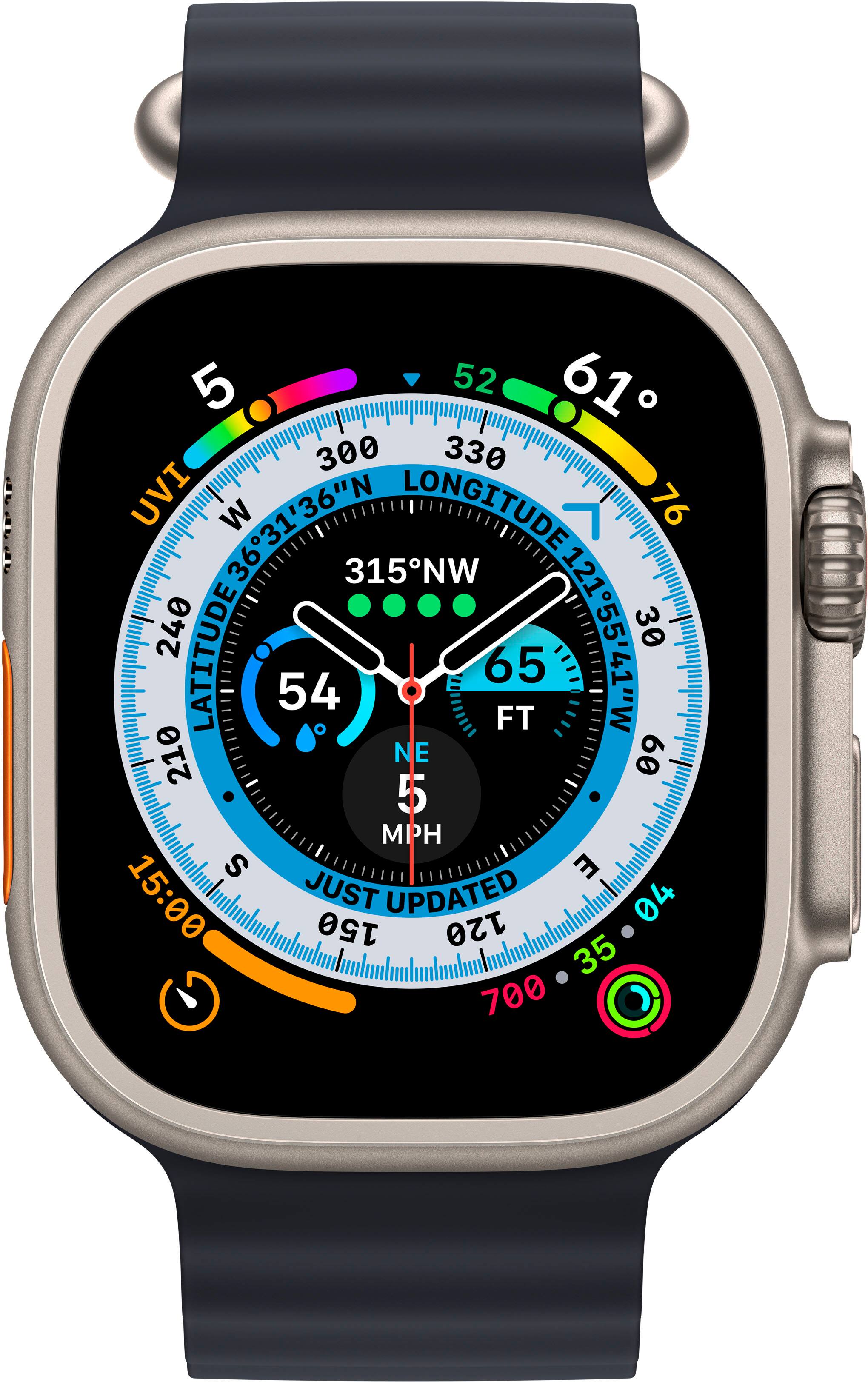 Angle. Apple - Apple Watch Ultra (GPS + Cellular) 49mm Titanium Case with Midnight Ocean Band - Titanium.