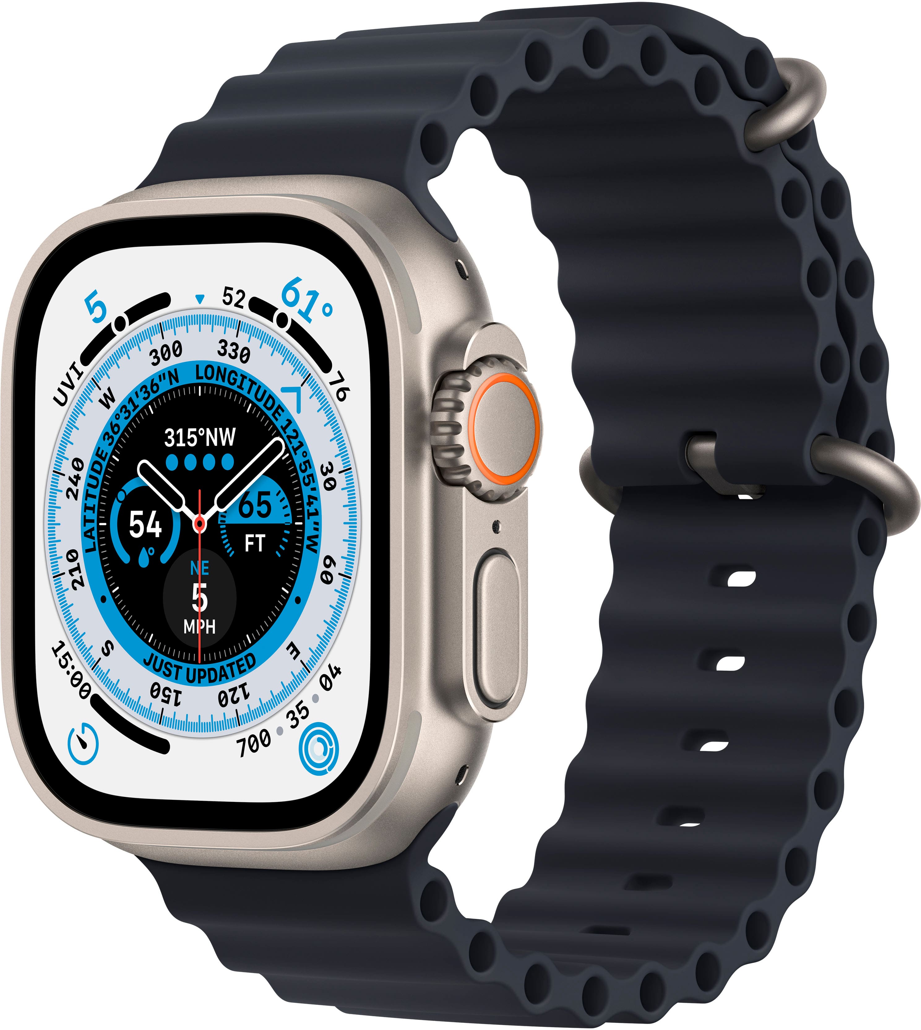 Front. Apple - Apple Watch Ultra (GPS + Cellular) 49mm Titanium Case with Midnight Ocean Band - Titanium.
