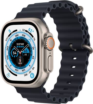 Front. Apple - Apple Watch Ultra (GPS + Cellular) 49mm Titanium Case with Midnight Ocean Band - Titanium.