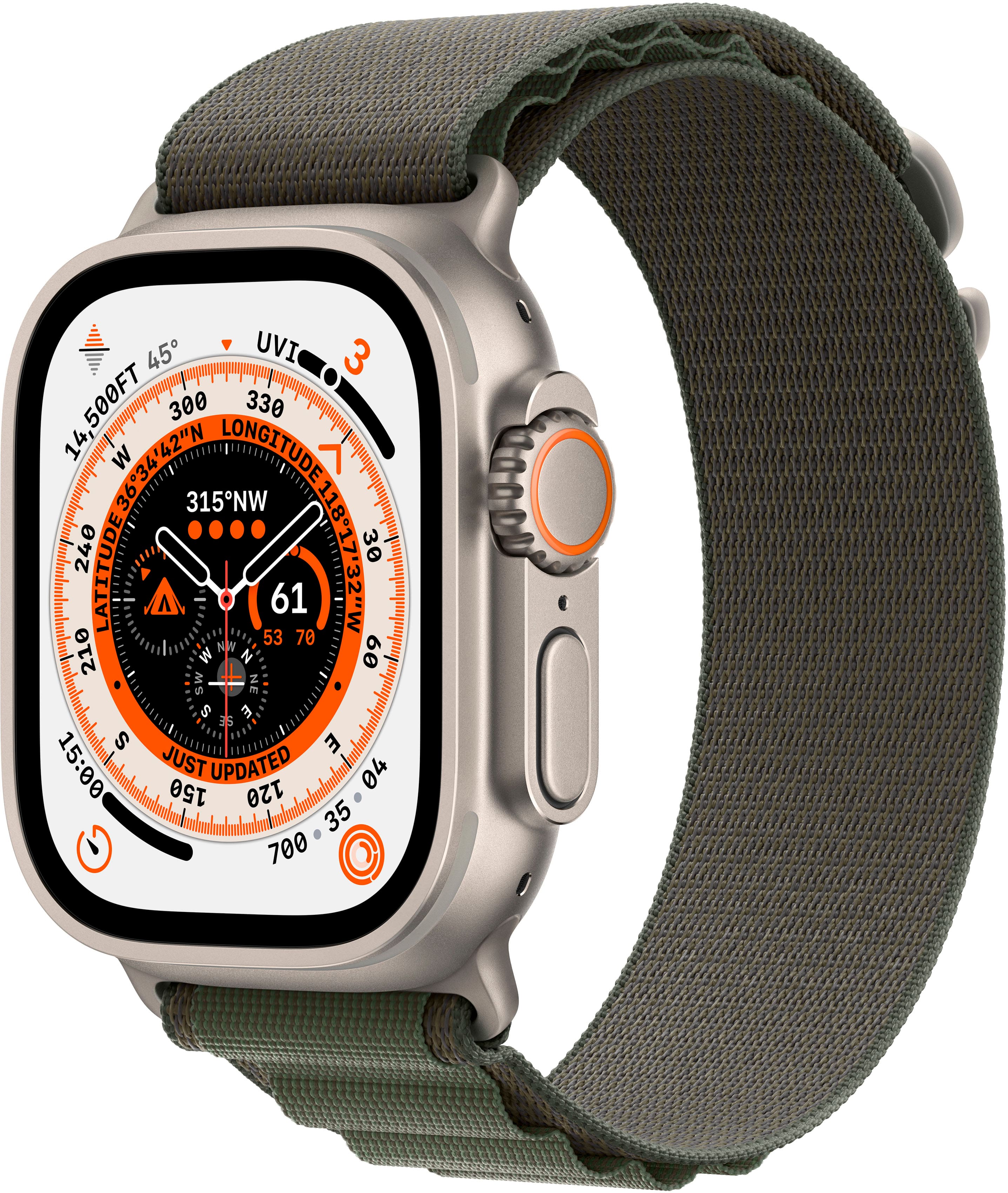Apple Watch Ultra (GPS + Cellular) 49mm Titanium Case with Green Alpine Loop - Medium - Titanium - (2022) - Front_Zoom