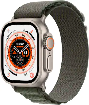 Front. Apple - Apple Watch Ultra (GPS + Cellular) 49mm Titanium Case with Green Alpine Loop - Large - Titanium.