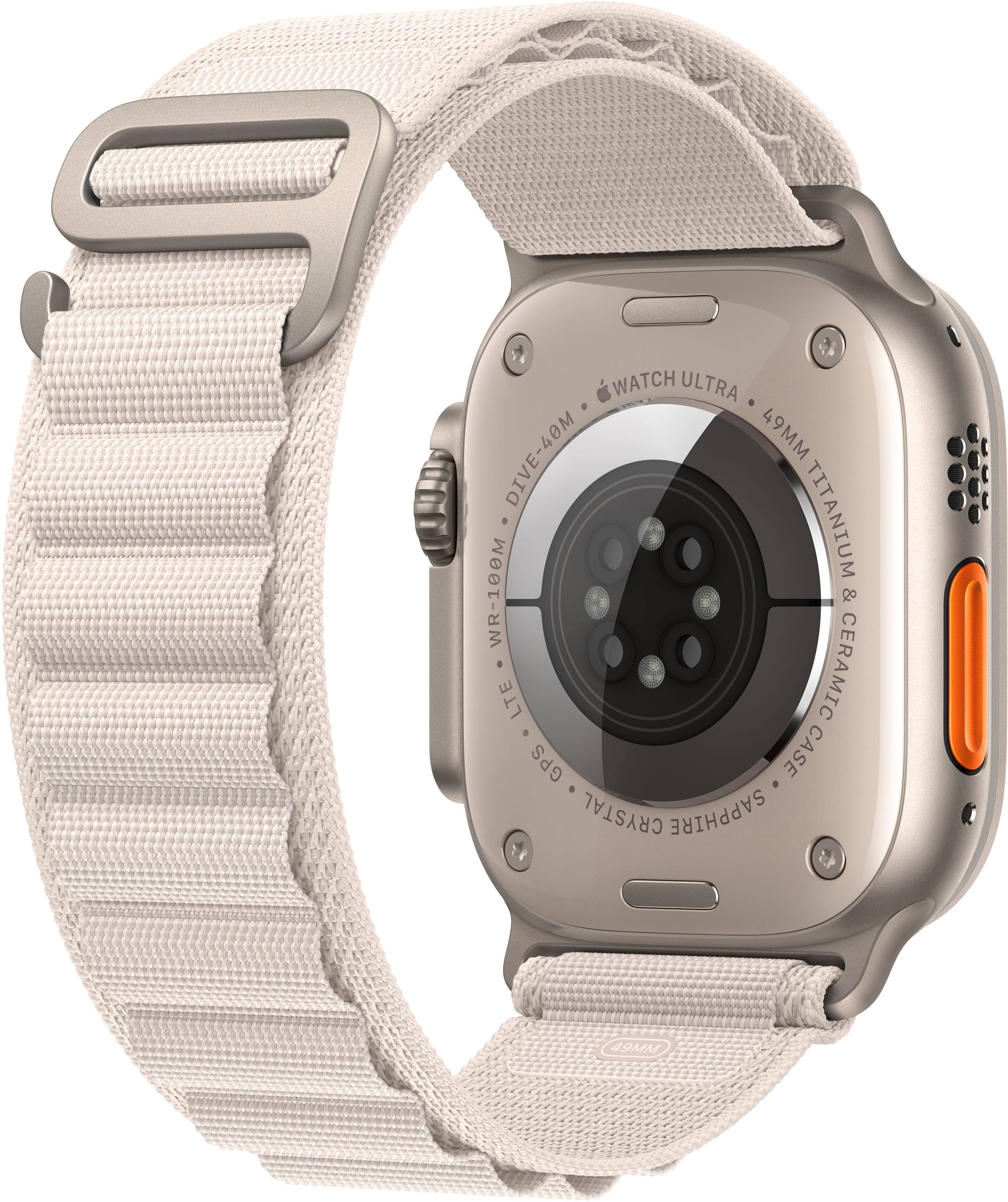 Left. Apple - Apple Watch Ultra (GPS + Cellular) 49mm Titanium Case with Starlight Alpine Loop - Medium - Titanium.