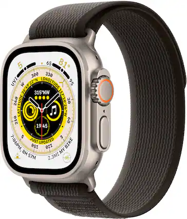 Front. Apple - Apple Watch Ultra (GPS + Cellular) 49mm Titanium Case with Black/Gray Trail Loop - S/M - Titanium.