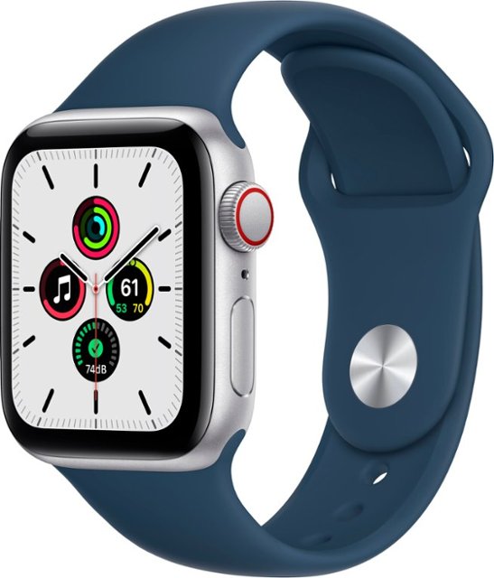 Front Zoom. Apple Watch SE (GPS + Cellular) 40mm Silver Aluminum Case with Abyss Blue Sport Band - Silver.