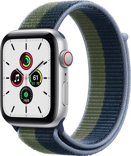 Apple Watch SE (GPS + Cellular) 44mm Silver Aluminum Case with Abyss Blue/Moss Green Sport Loop - Silver