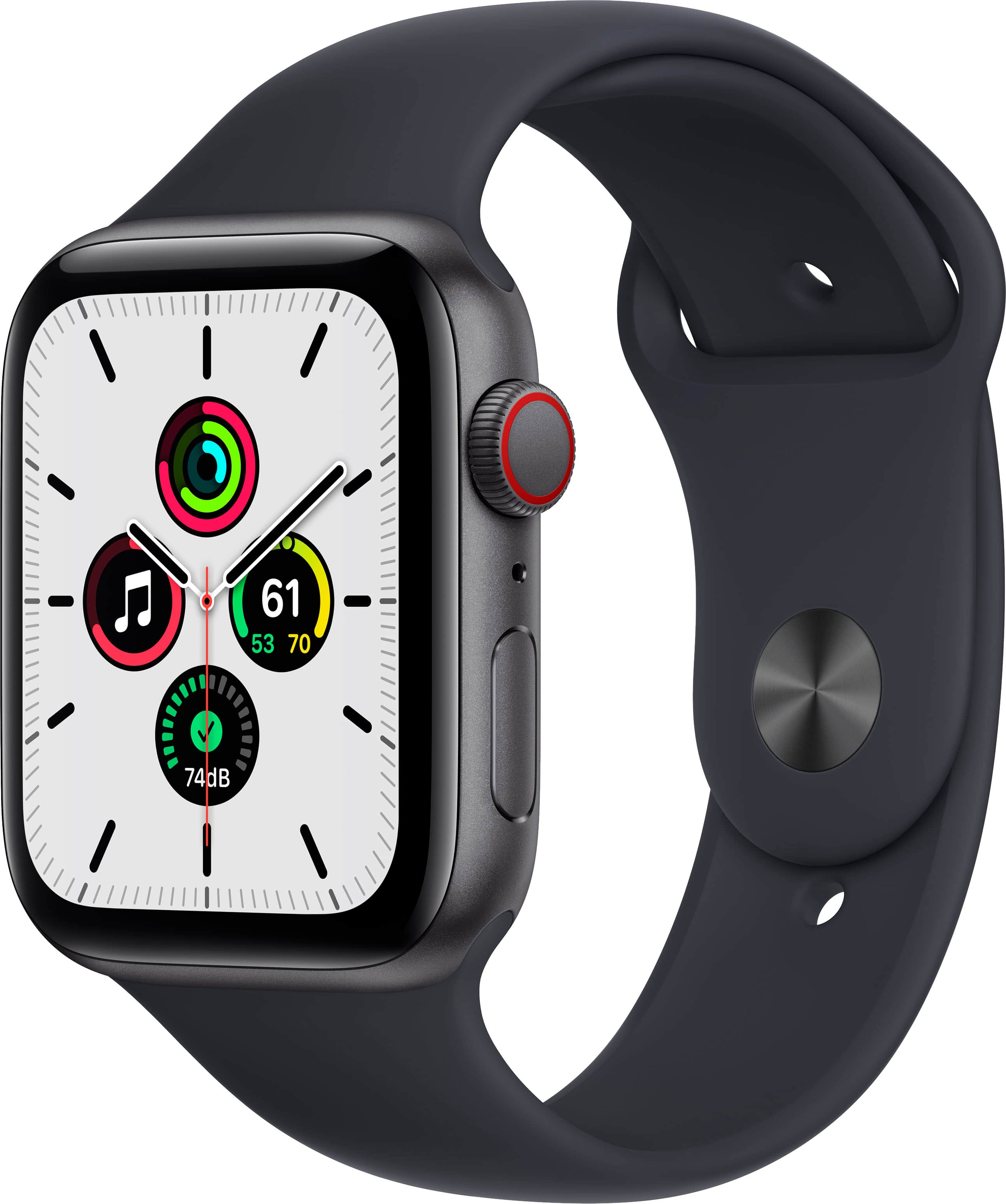 Front. Apple - Apple Watch SE (1st Generation GPS + Cellular) 44mm Space Gray Aluminum Case with Midnight Sport Band - Space Gray.