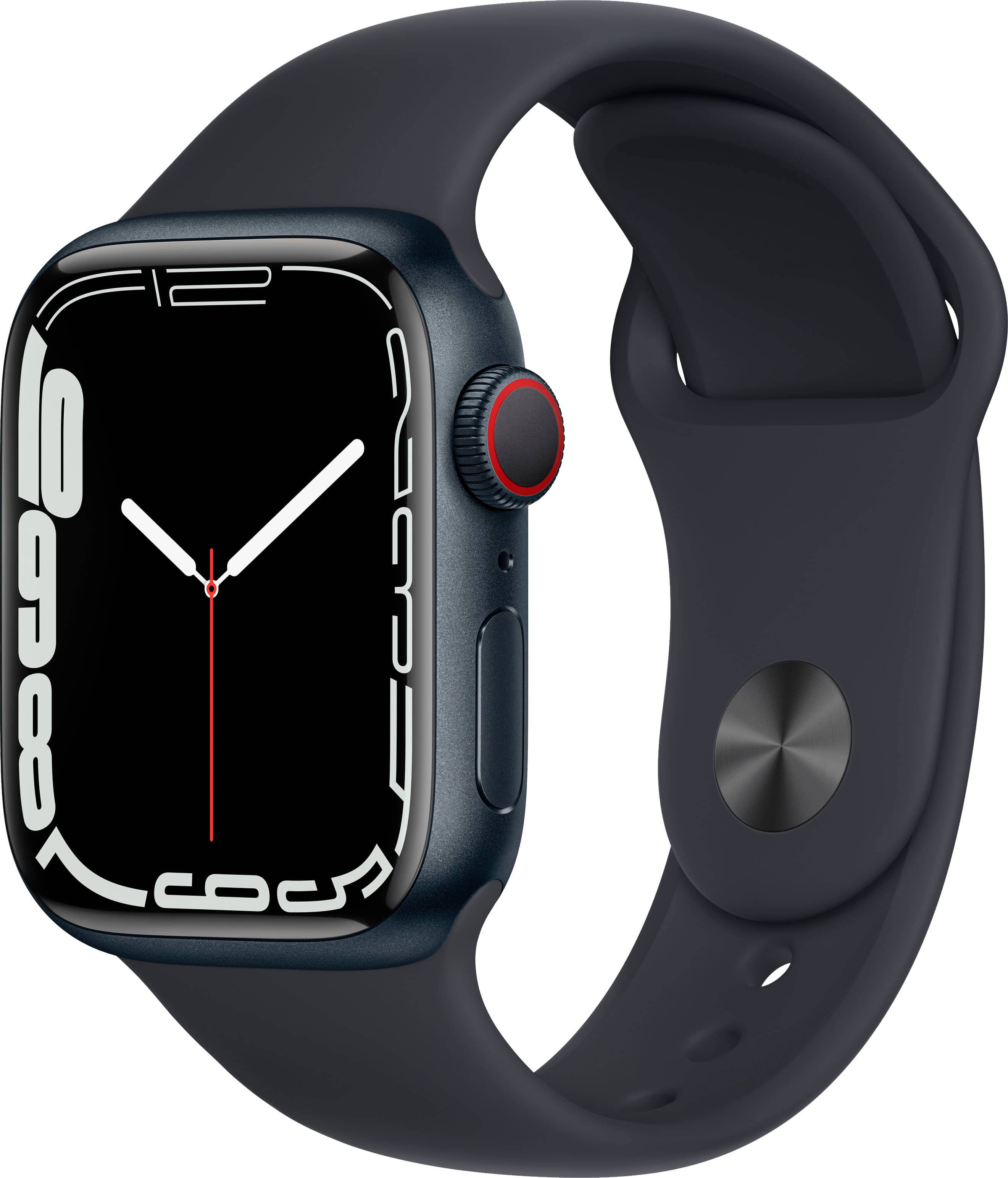 Front. Apple - Apple Watch Series 7 (GPS + Cellular) 41mm Aluminum Case with Midnight Sport Band - Midnight.