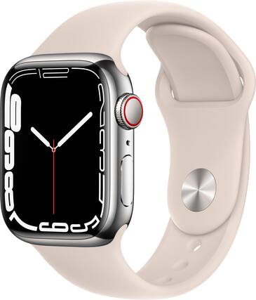 Angle. Apple - Geek Squad Refurbished Apple Watch Series 7 (GPS + Cellular) 41mm Silver Stainless Steel Case with Starlight Sport Band - Silver.