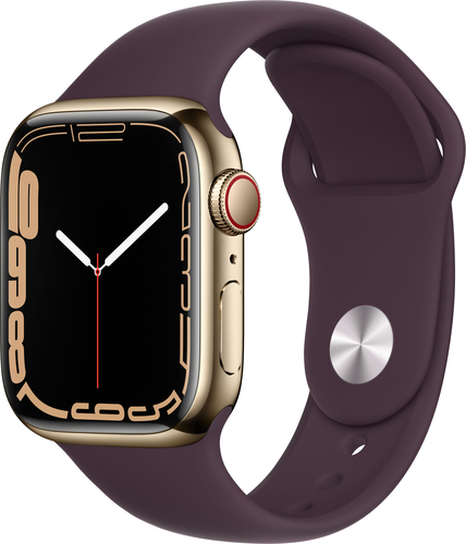 Apple Watch Series 7 (GPS + Cellular) 41mm Gold Stainless Steel Case with Dark Cherry Sport Band - Gold