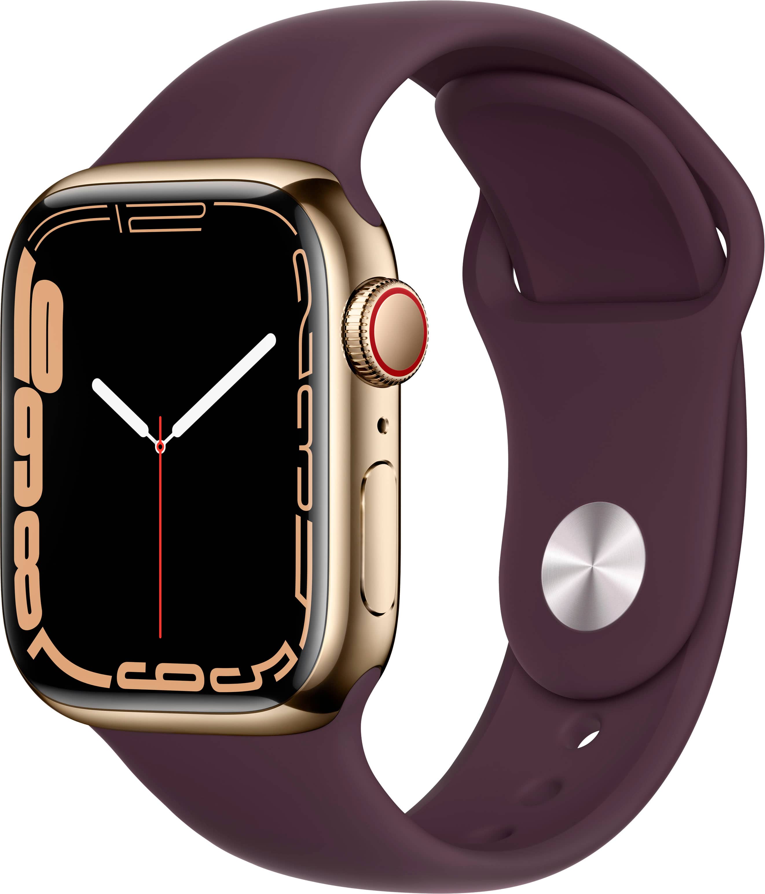 Angle. Apple - Geek Squad Refurbished Apple Watch Series 7 (GPS + Cellular) 41mm Gold Stainless Steel Case with Dark Cherry Sport Band - Gold.