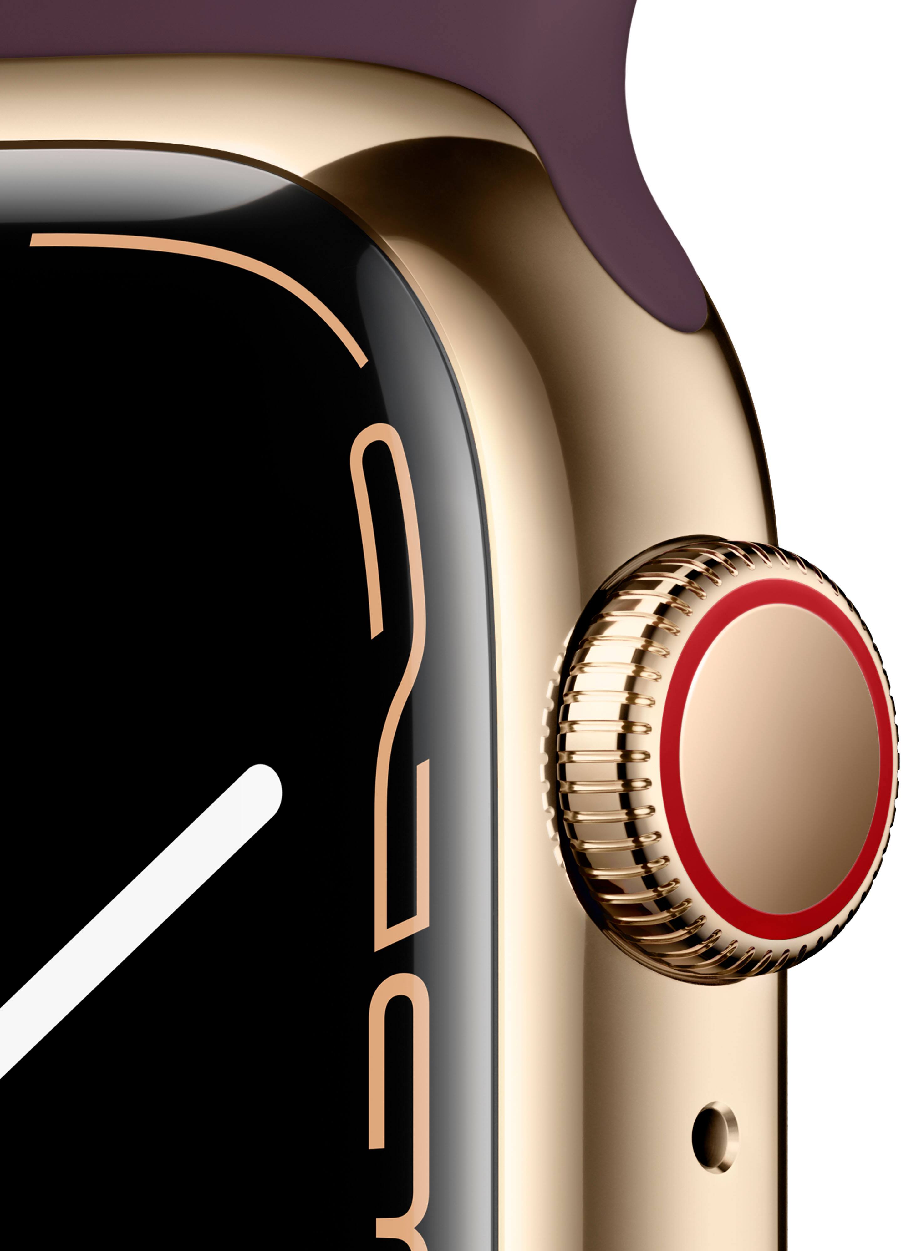 Alt View 12. Apple - Refurbished Apple Watch Series 7 (GPS + Cellular) 41mm Gold Stainless Steel Case with Dark Cherry Sport Band - Gold.