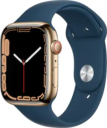 Front. Apple - Geek Squad Certified Refurbished Apple Watch Series 7 (GPS + Cellular) 45mm Stainless Steel with Abyss Blue Sport Band - Blue.