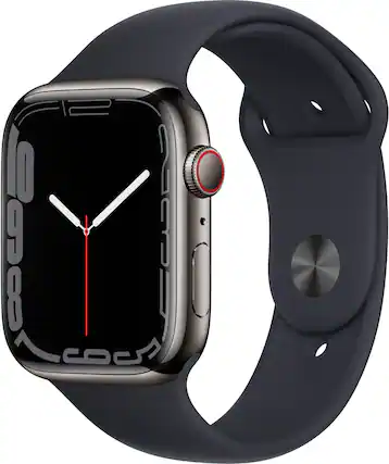Front. Apple - Refurbished Apple Watch Series 7 (GPS + Cellular) 45mm Graphite Stainless Steel with Midnight Sport Band - Black.