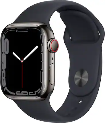 Front. Apple - Refurbished Apple Watch Series 7 (GPS + Cellular) 41mm Graphite Stainless Steel with Midnight Sport Band - Black - Black.