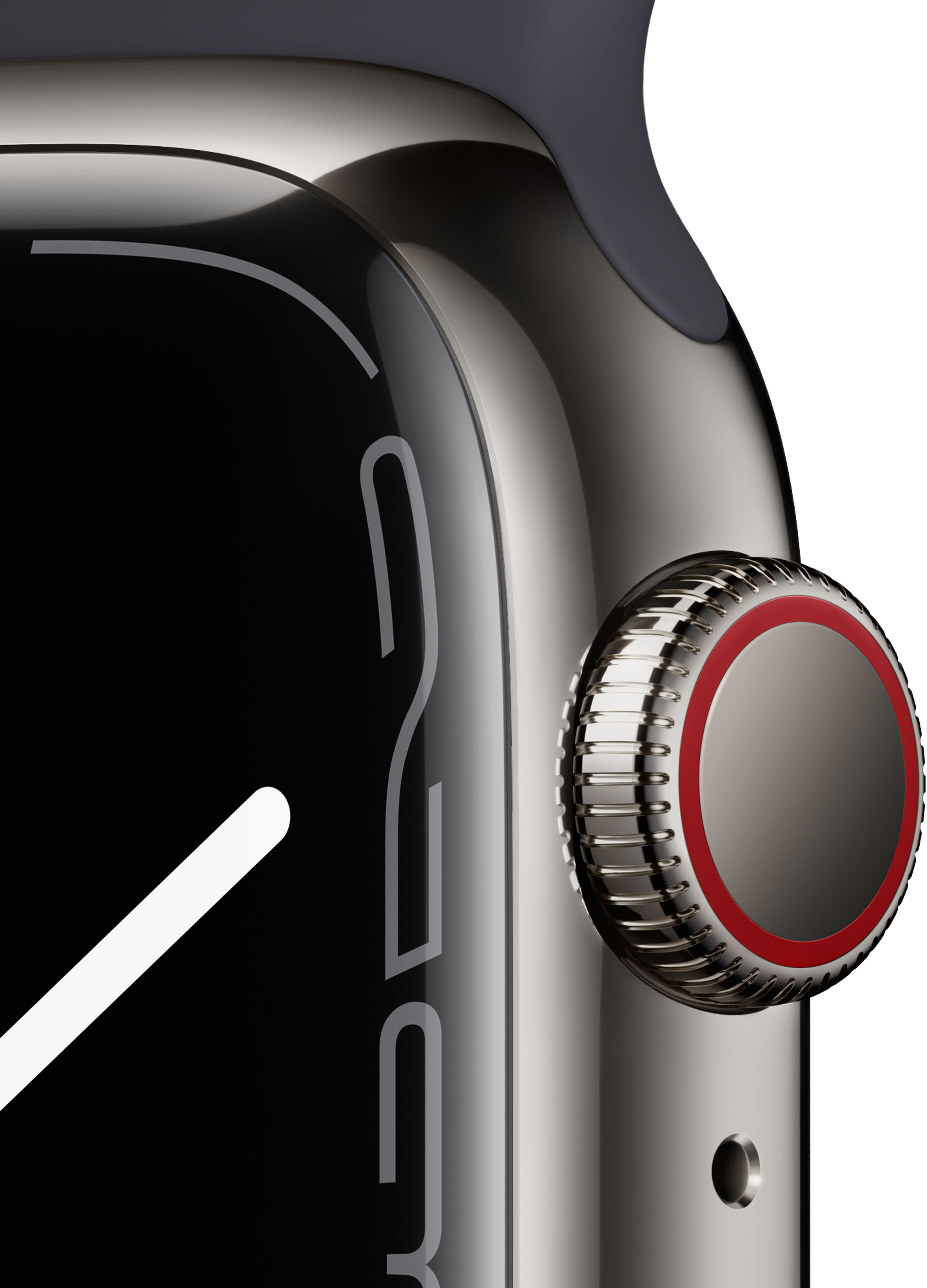 Left View: Apple Watch Series 7 (GPS + Cellular) 45mm Midnight Aluminum Case with Midnight Sport Band - Midnight (Verizon)