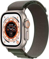 Apple Watch Ultra (GPS + Cellular) 49mm Titanium Case with Green Alpine Loop - Medium - Titanium (AT&T) - Front_Zoom