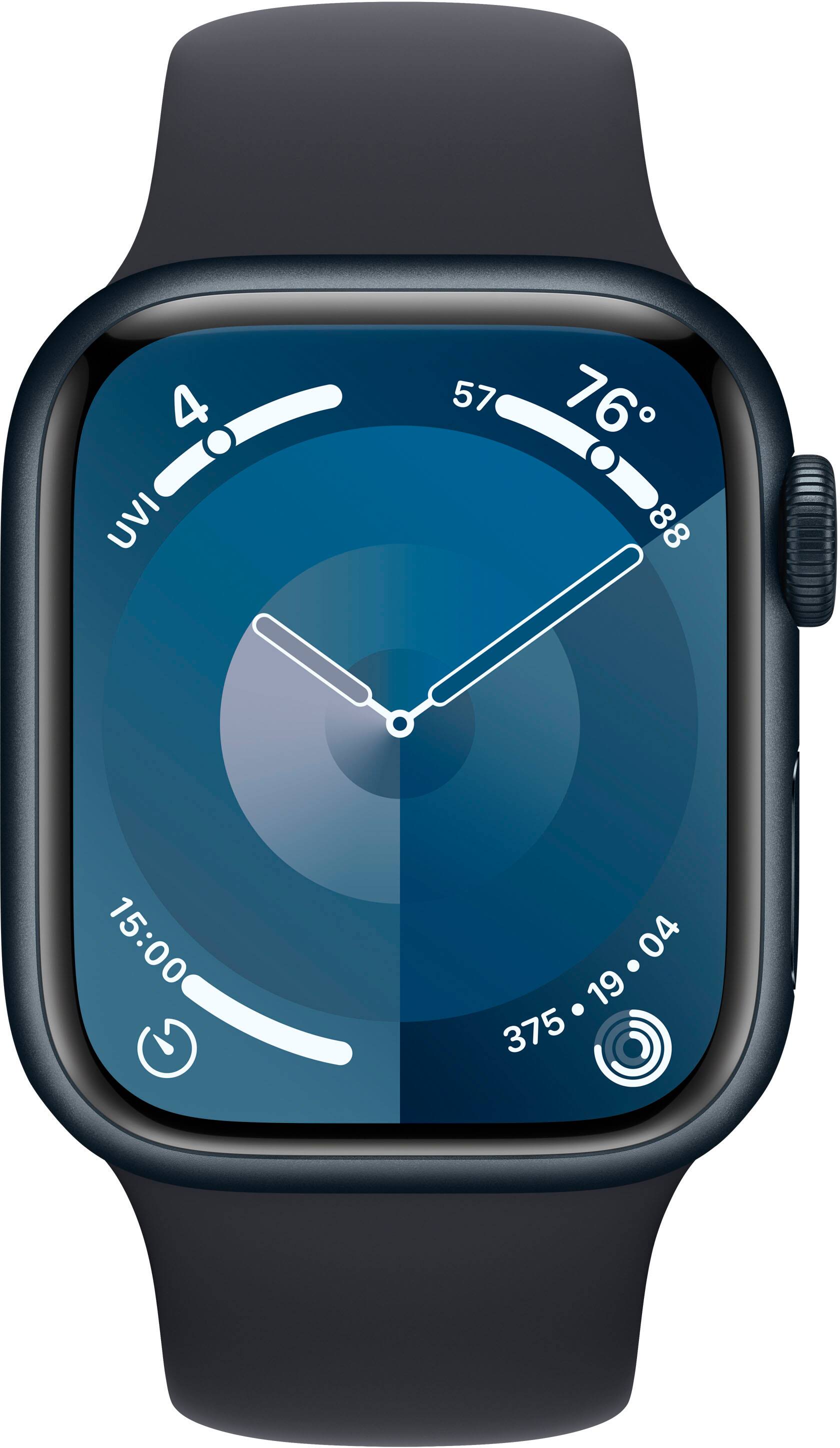 Angle. Apple - Apple Watch Series 9 (GPS + Cellular) 41mm Midnight Aluminum Case with Midnight Sport Band with Blood Oxygen - S/M - Midnight.