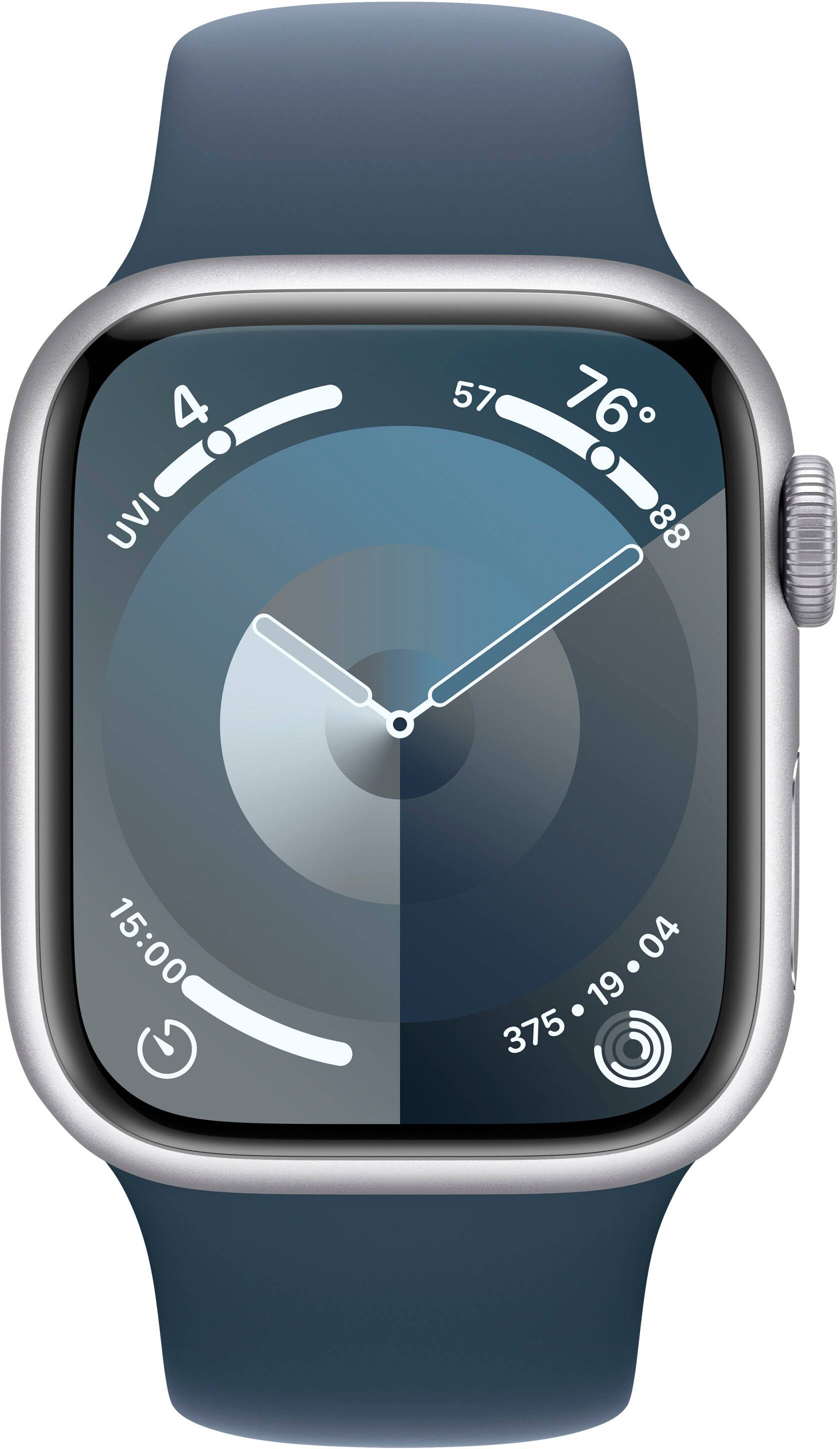 Angle. Apple - Apple Watch Series 9 (GPS + Cellular) 41mm Silver Aluminum Case with Storm Blue Sport Band with Blood Oxygen - M/L - Silver.