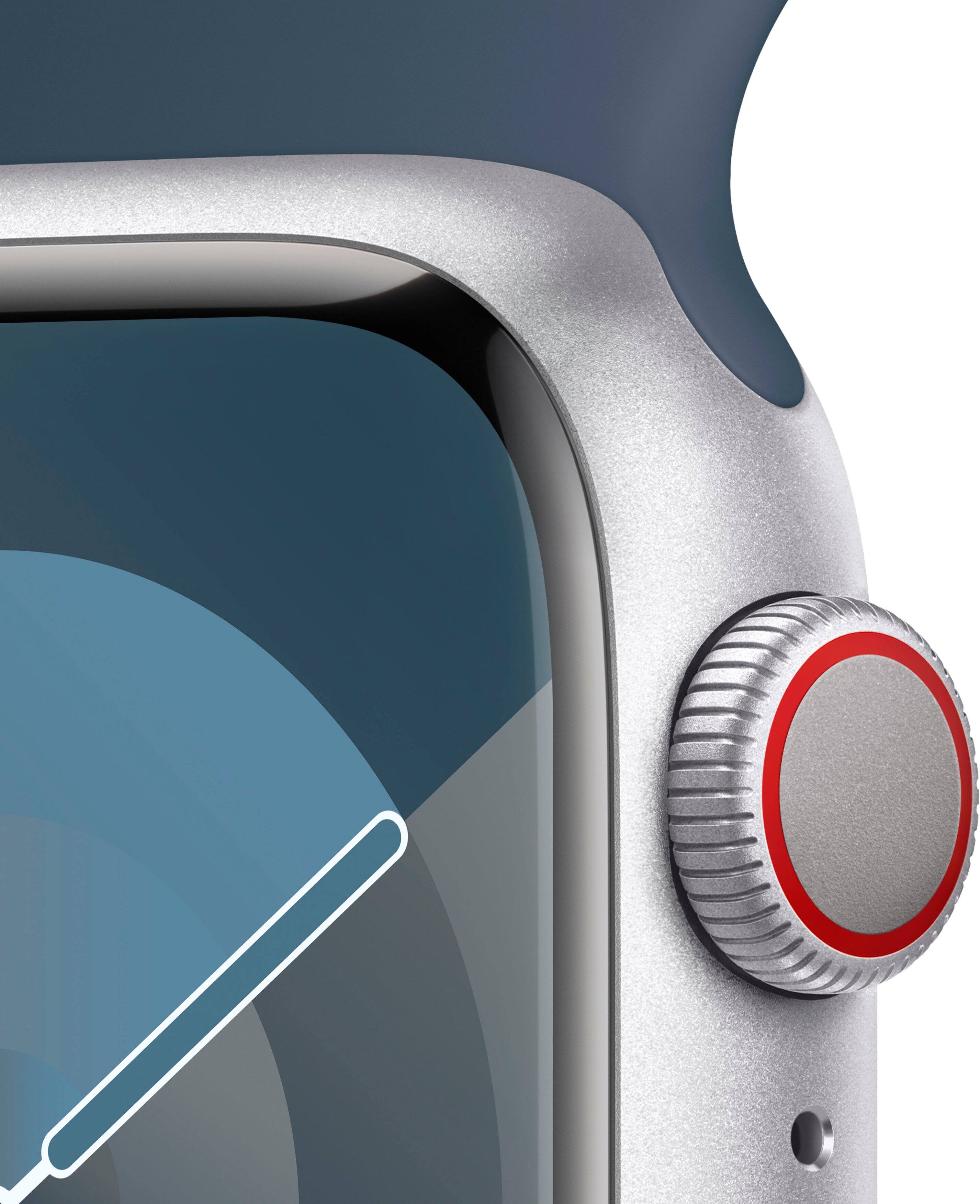 Alt View 12. Apple - Apple Watch Series 9 (GPS + Cellular) 41mm Silver Aluminum Case with Storm Blue Sport Band with Blood Oxygen - M/L - Silver.