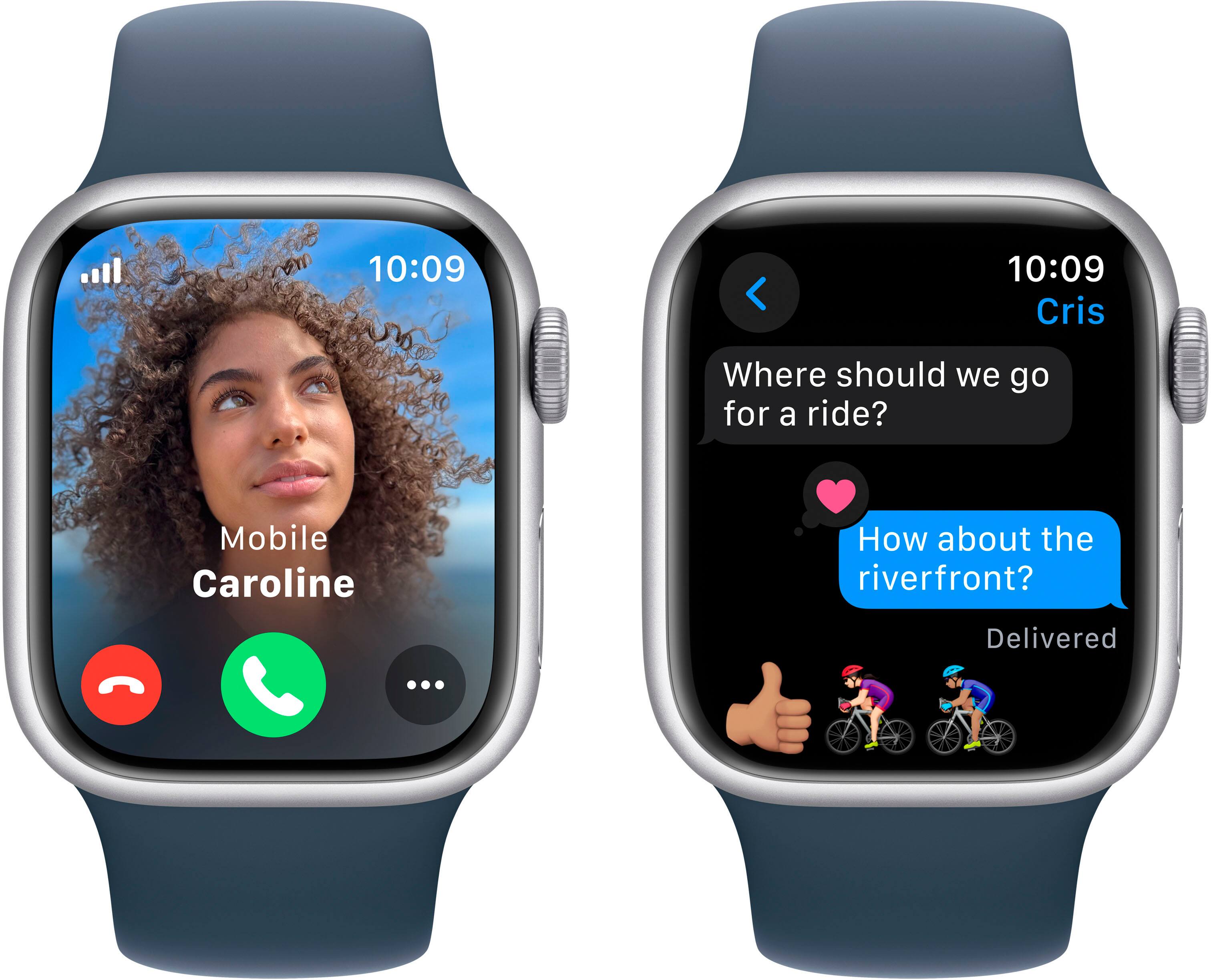 Alt View 15. Apple - Apple Watch Series 9 (GPS + Cellular) 41mm Silver Aluminum Case with Storm Blue Sport Band with Blood Oxygen - M/L - Silver.