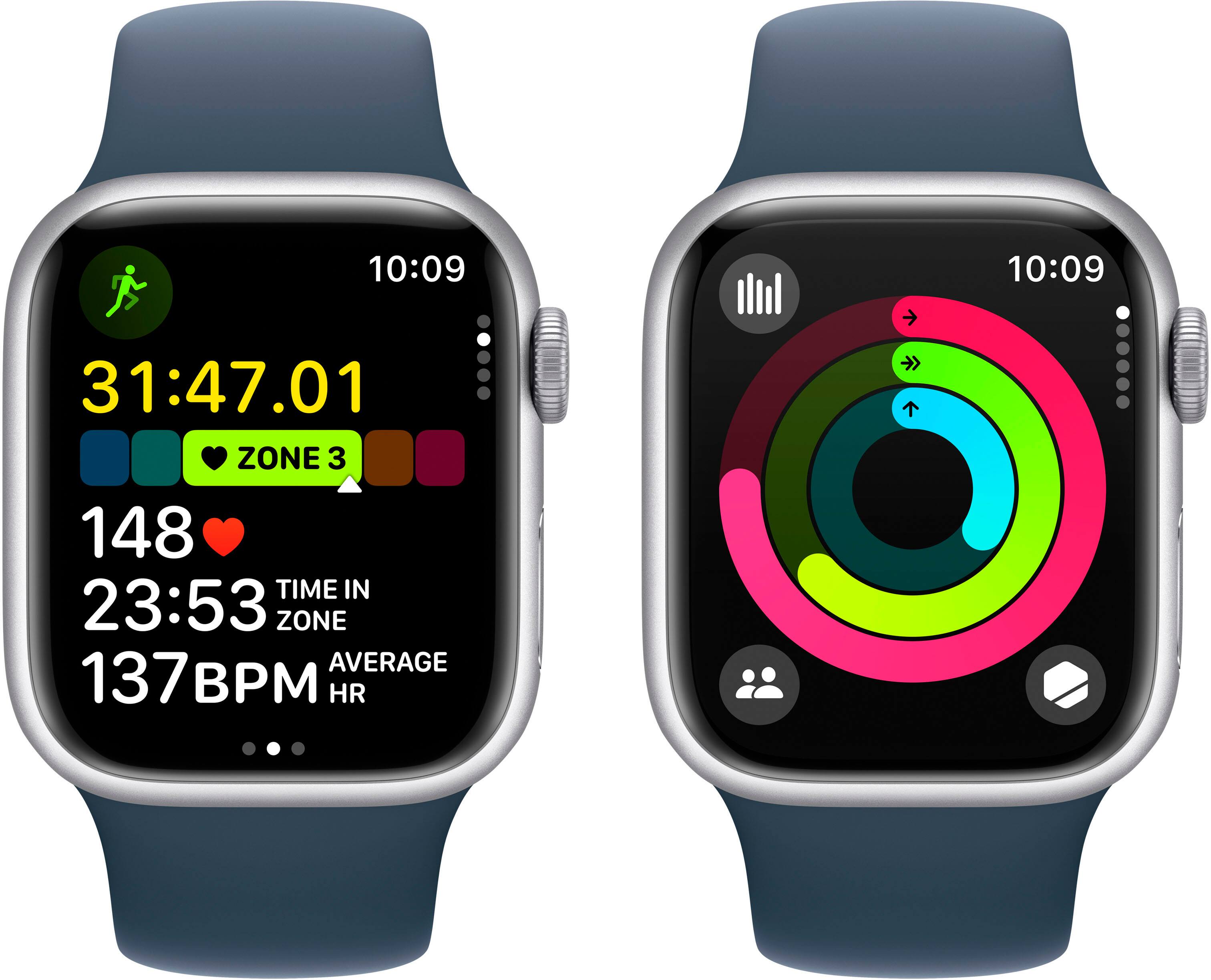 Alt View 17. Apple - Apple Watch Series 9 (GPS + Cellular) 41mm Silver Aluminum Case with Storm Blue Sport Band with Blood Oxygen - M/L - Silver.