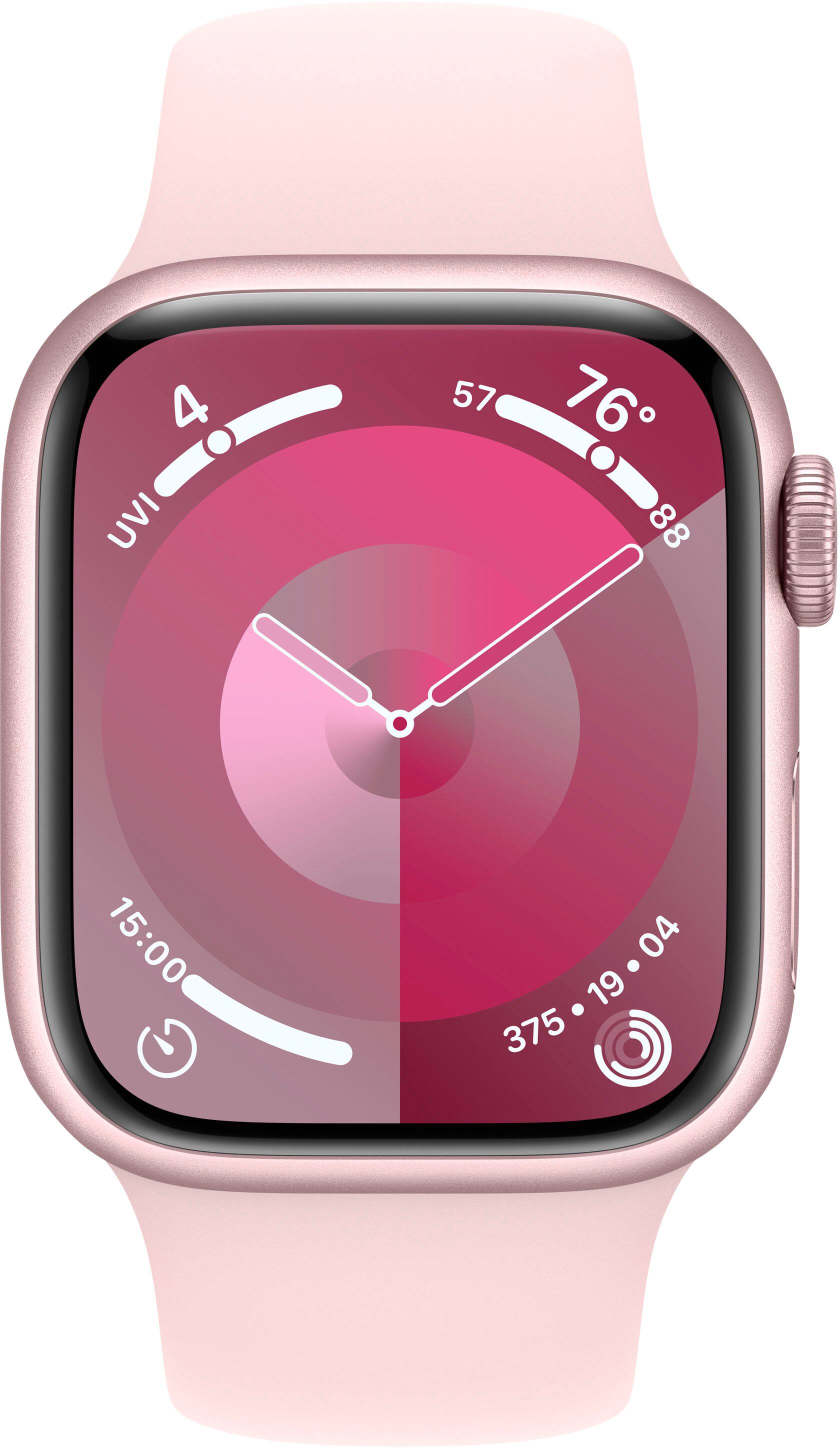 Angle. Apple - Apple Watch Series 9 (GPS + Cellular) 41mm Pink Aluminum Case with Light Pink Sport Band with Blood Oxygen - M/L - Pink.