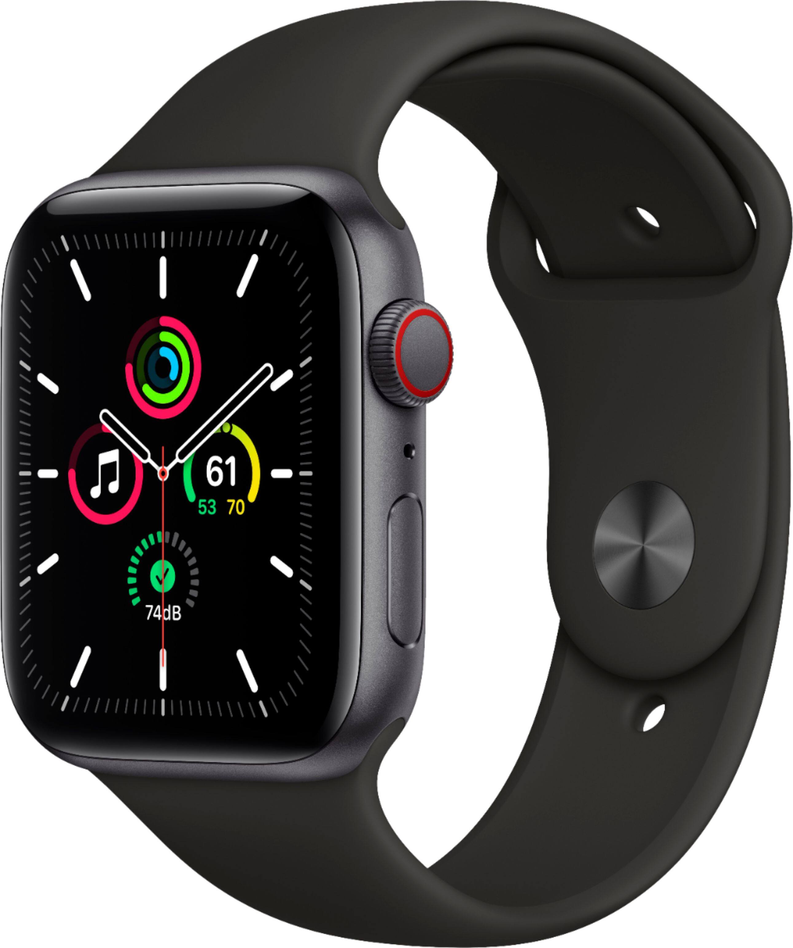 Front. Apple - Apple Watch SE (1st Generation, GPS + Cellular) 44mm Space Gray Aluminum Case with Black Sport Band.