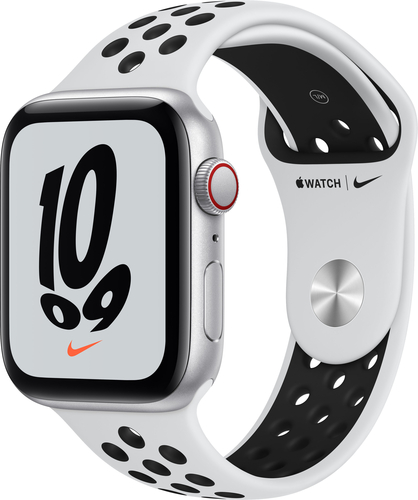 Apple Watch Nike SE (GPS + Cellular) 44mm Silver Aluminum Case with Platinum/Black Nike Sport Band - Silver (Verizon)