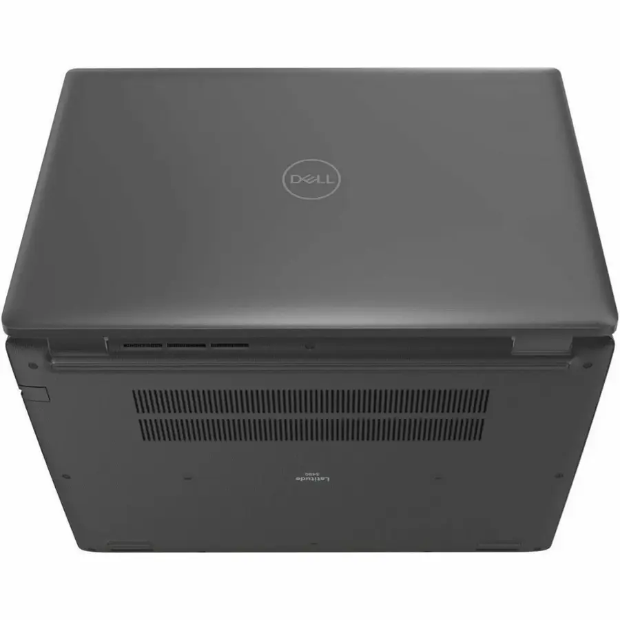 The image features a large Dell laptop computer. The laptop is black and has a silver Dell logo on the back. It is placed on a white background, making it the main focus of the image.