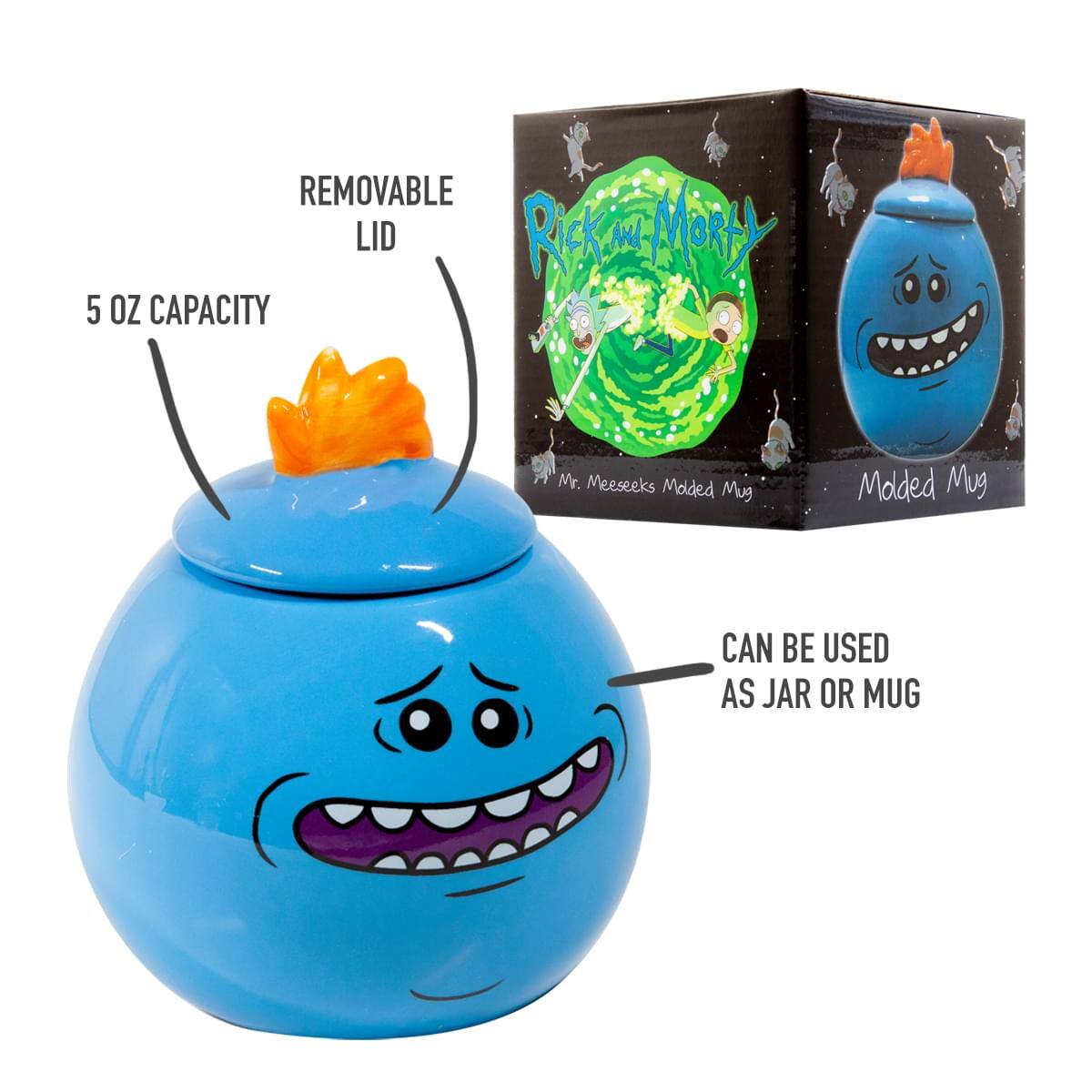REMOVABLE LID  
5 OZ CAPACITY  
Mr. Meeseeks Molded Mug  
CAN BE USED AS JAR OR MUG