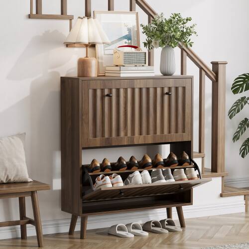 Angle. LUCKY ONE - 31.5in Freestanding Walnut Shoe Cabinet with Vertical Grooved Finish Tilt-Out Drawers for Entryway - Walnut.