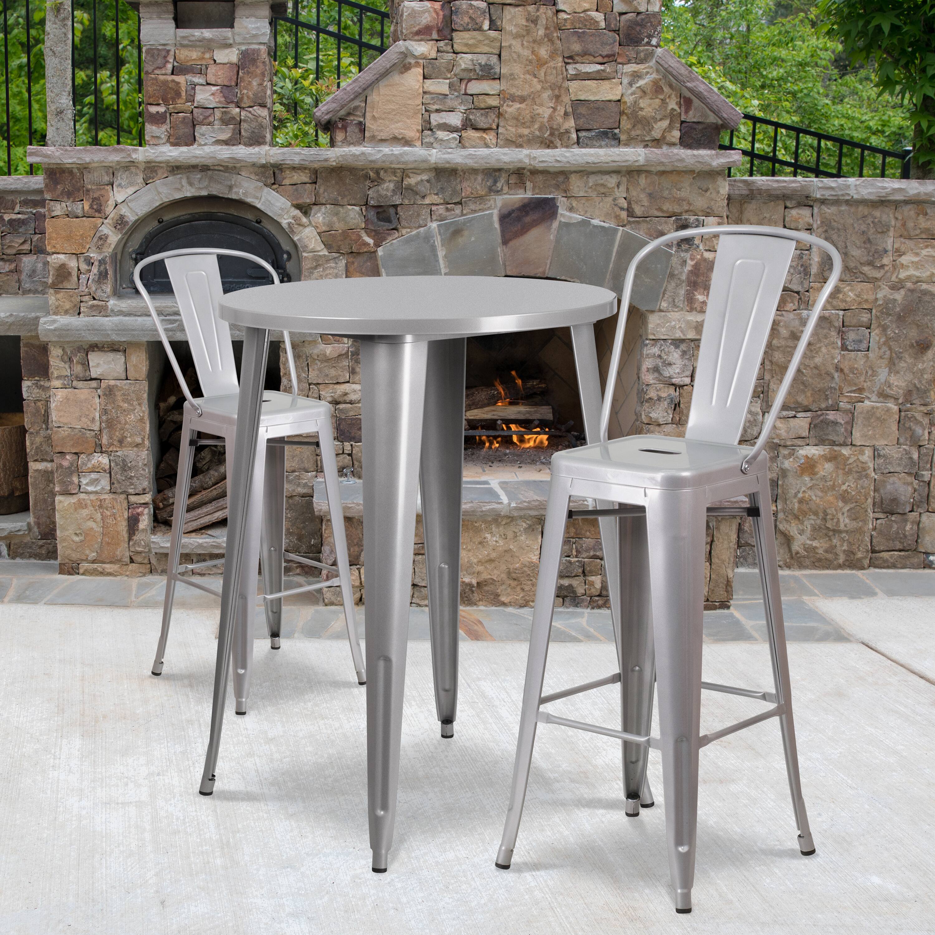 Alt View 1. Emma + Oliver - Commercial Grade 30" Round Metal Indoor-Outdoor Bar Table Set with 2 Cafe Stools - Silver.