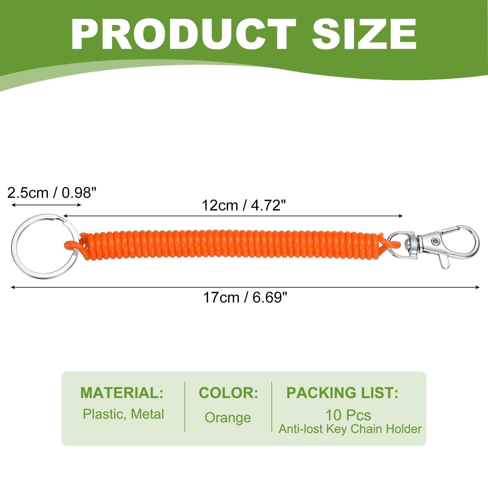 PRODUCT SIZE  
2.5cm / 0.98"  
12cm / 4.72"  
17cm / 6.69"  

MATERIAL:  
Plastic, Metal  

COLOR:  
Orange  

PACKING LIST:  
10 Pcs Anti-lost Key Chain Holder