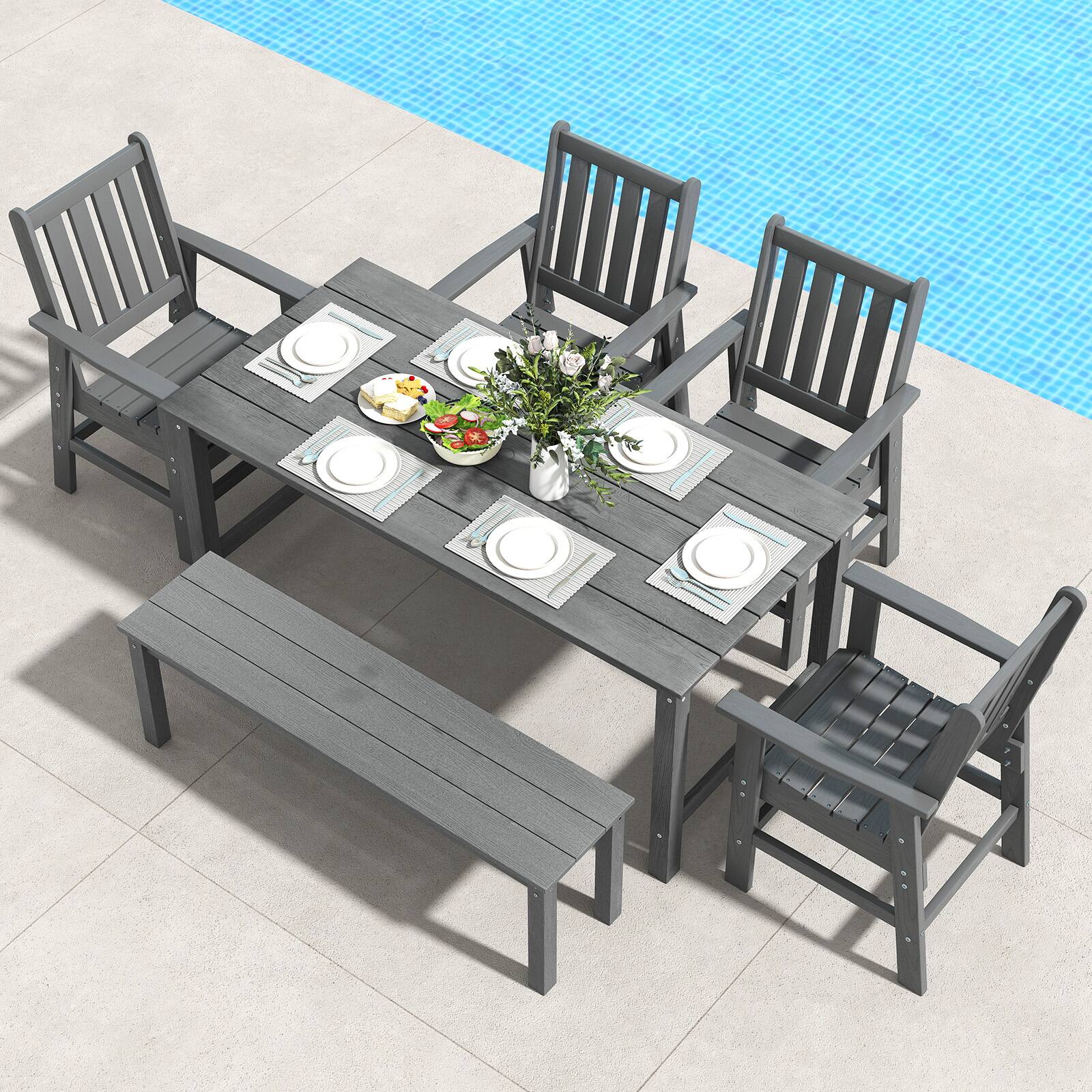Alt View 1. Gymax - Gymax 6PCS Patio Dining Bench Set Outdoor HDPE Weather Resistant Table & Chairs Set Gray - Gray.