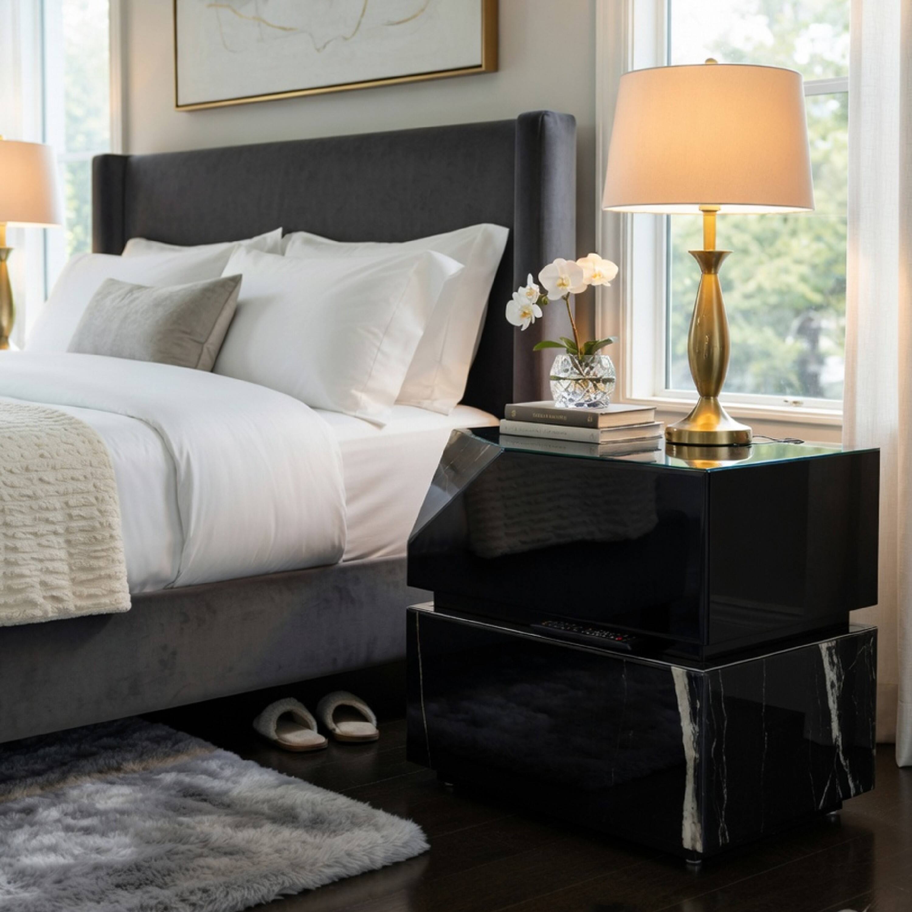 Alt View 7. Manhattan Lane - Ishi Side End Table, Faceted Marble Grain, Black Mirrored Glass 24 Inch - Black Mirrored.
