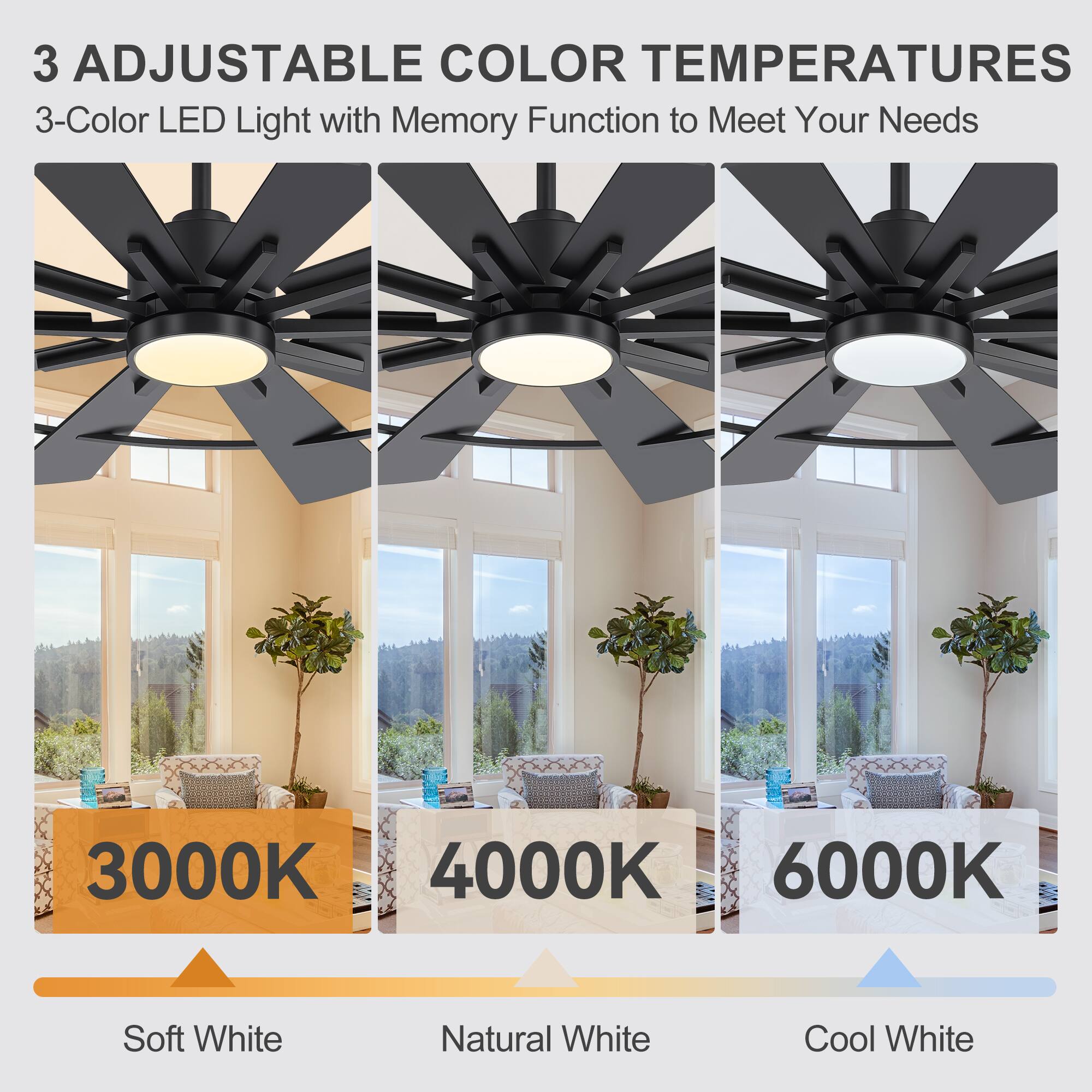 3 Adjustable Color Temperatures  
3-Color LED Light with Memory Function to Meet Your Needs  
3000K Soft White  
4000K Natural White  
6000K Cool White