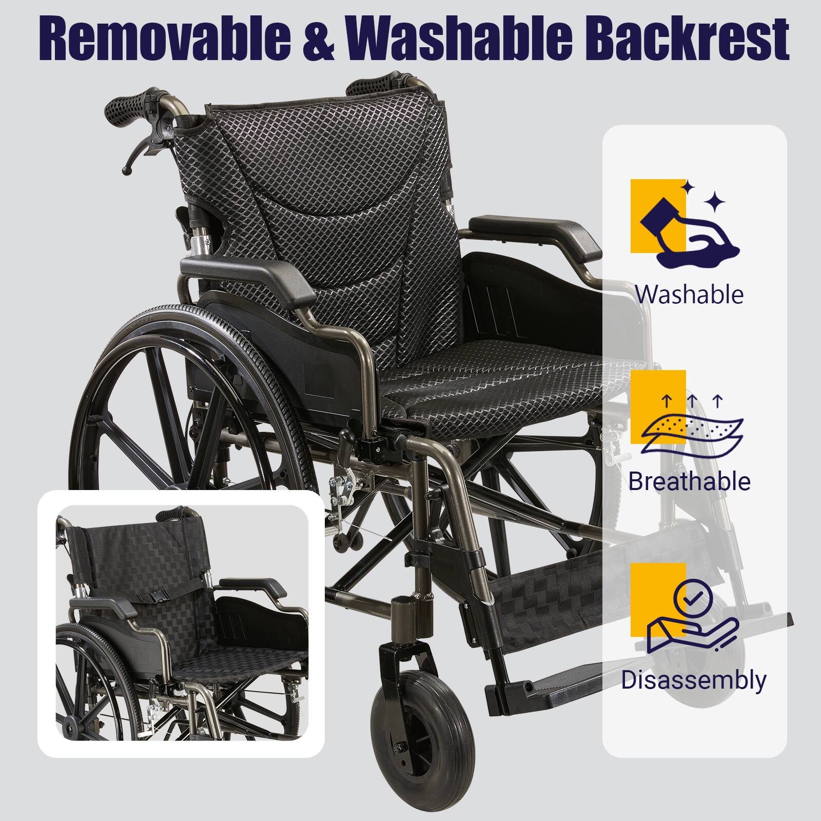 Removable & Washable Backrest

- Washable
- Breathable
- Disassembly