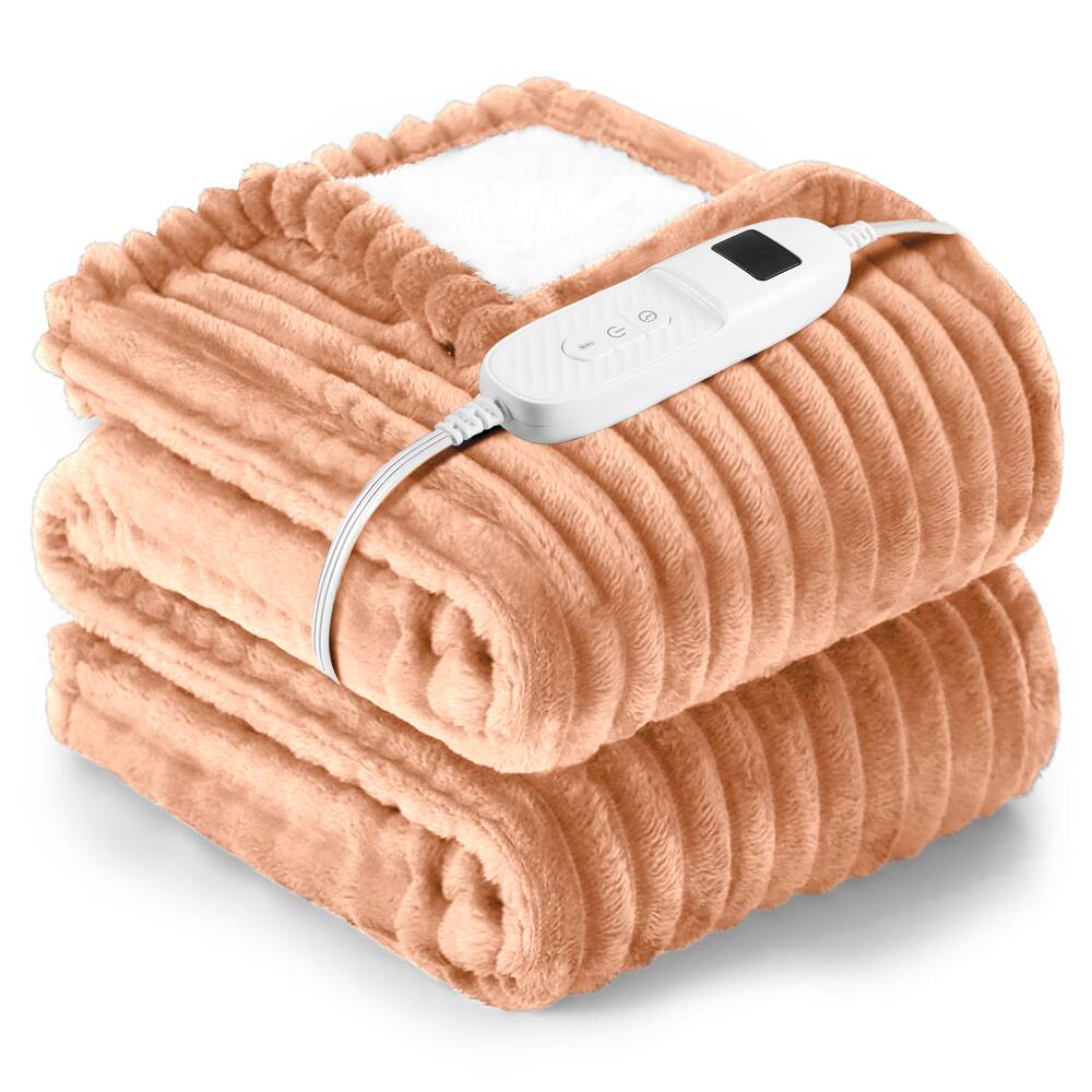 Front. MOVSSOU - Heated Throw Blanket 50x60 - Safe with 6 Heat Levels & Auto Shut-Off  Machine Washable - Brown.