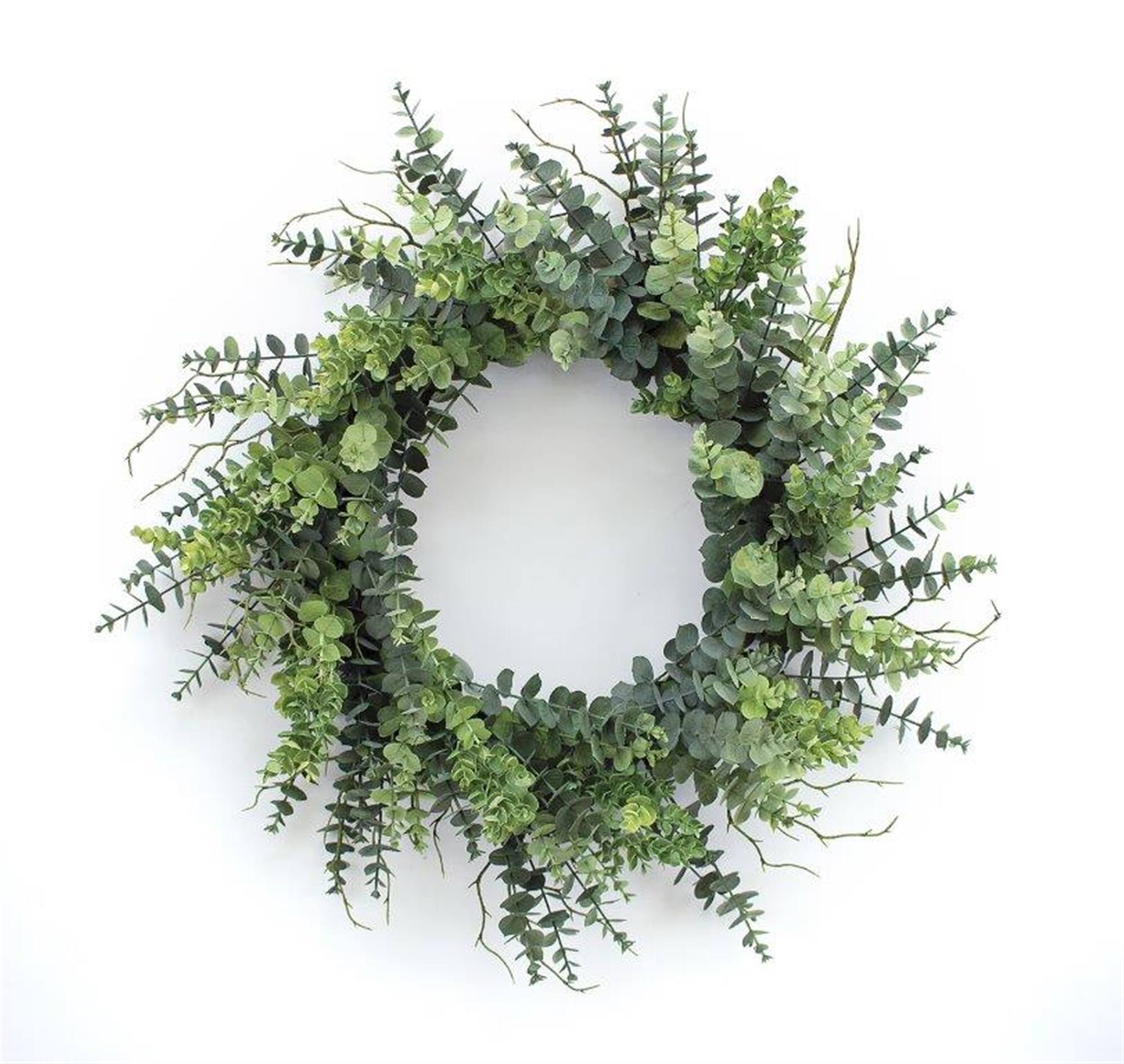 Front. BreeBe - Mixed Eucalyptus Leaf Foliage Wreath with Twig Accents 29"D - Green.