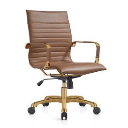 LeisureMod - Harris Mid-Back Office Chair, Leather Upholstery with Gold Metal Frame Modern Armless Desk Chair for Conference Seating - Light Brown