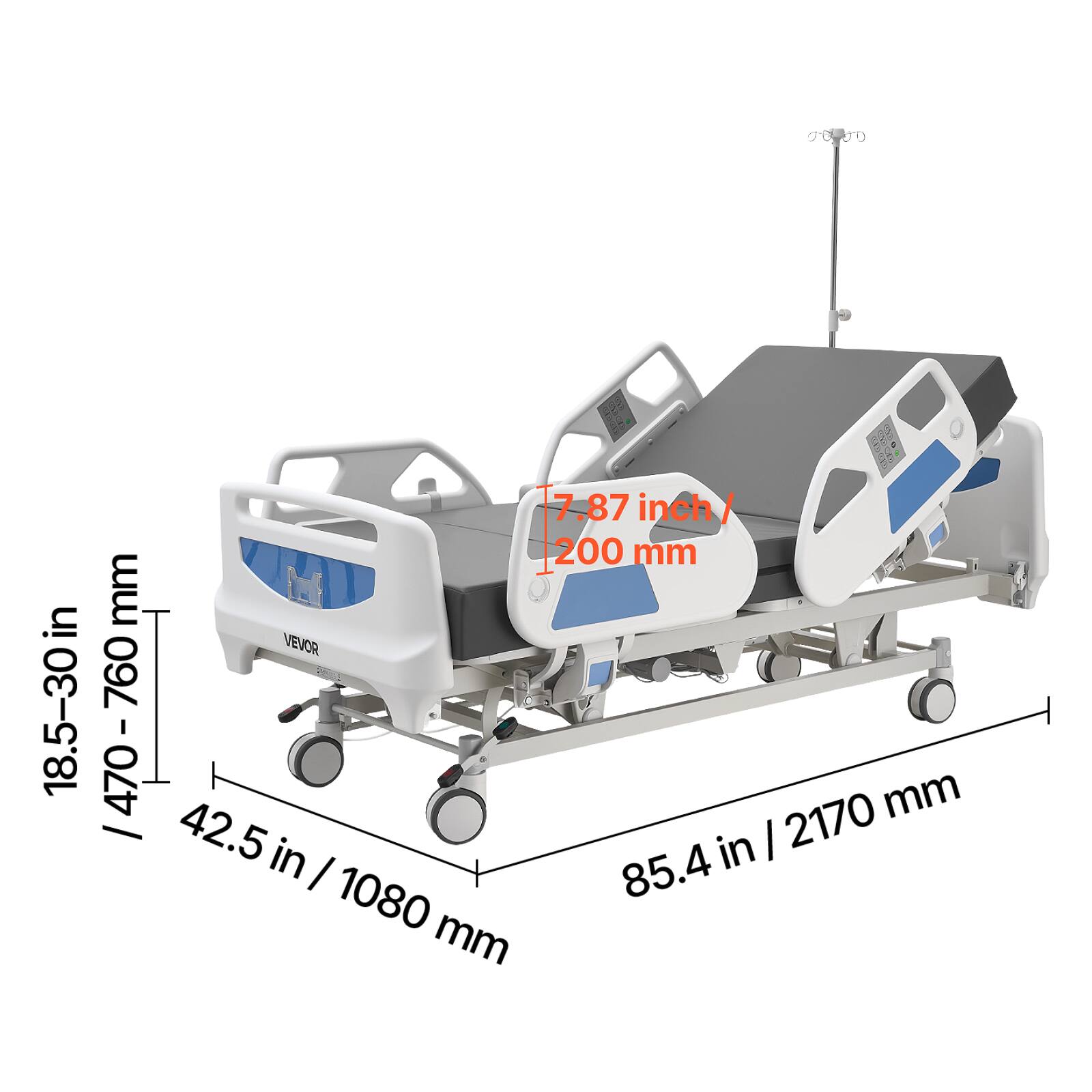 18.5-30 in / 470-760 mm  
7.87 inch / 200 mm  
42.5 in / 1080 mm  
85.4 in / 2170 mm