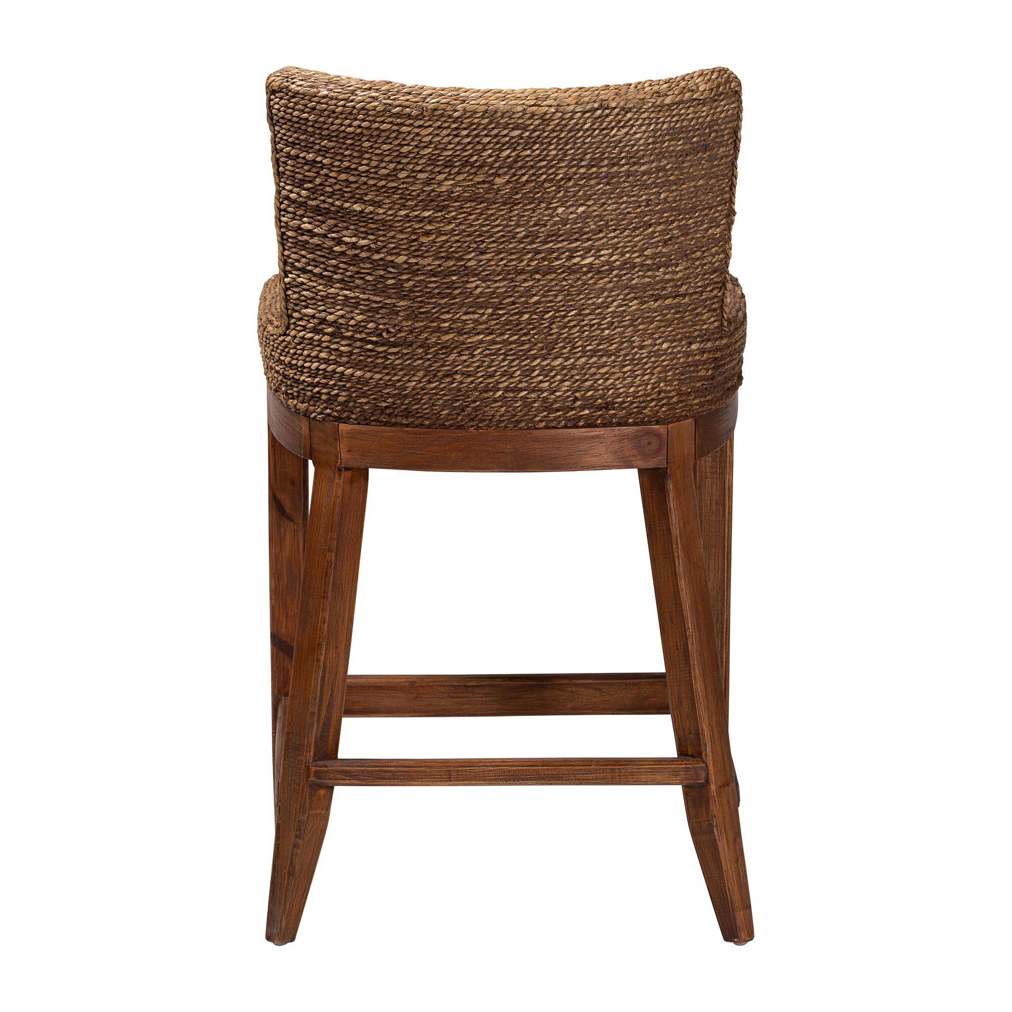 Back. bali & pari - Ridley Seagrass Counter Stool with Mahogany Wood Frame - Seating with Woven Square Back and Cushioned Seat - Brown Wash.