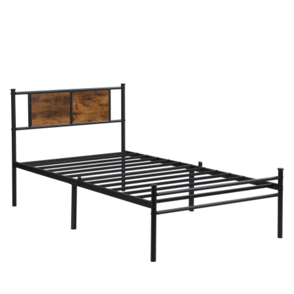 Left. LUCKY ONE - Twin Size Metal Bed Frame with Wood Panel Headboard, Steel Structure - Black+Brown.